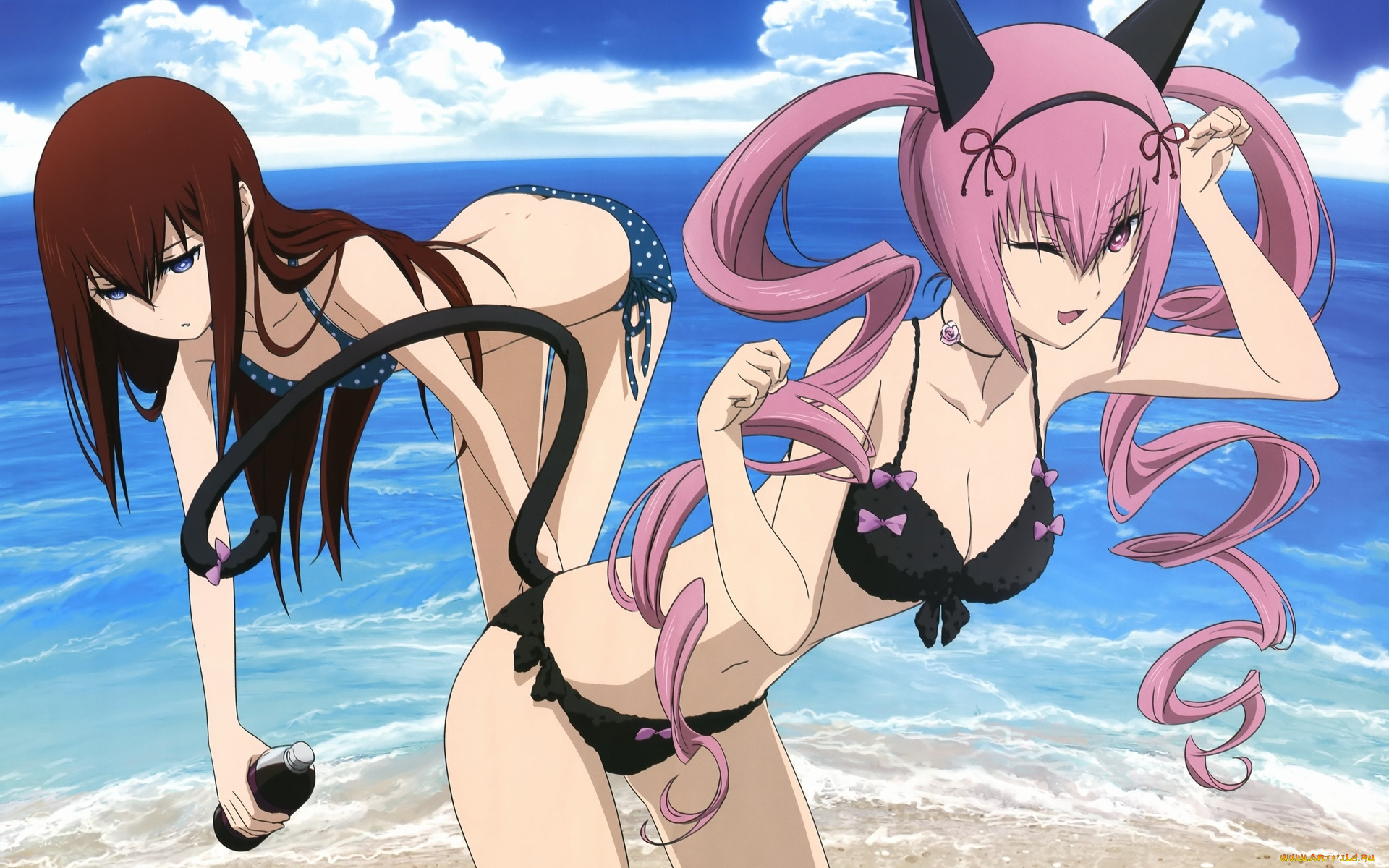 аниме, steins, gate, пляж, девушки