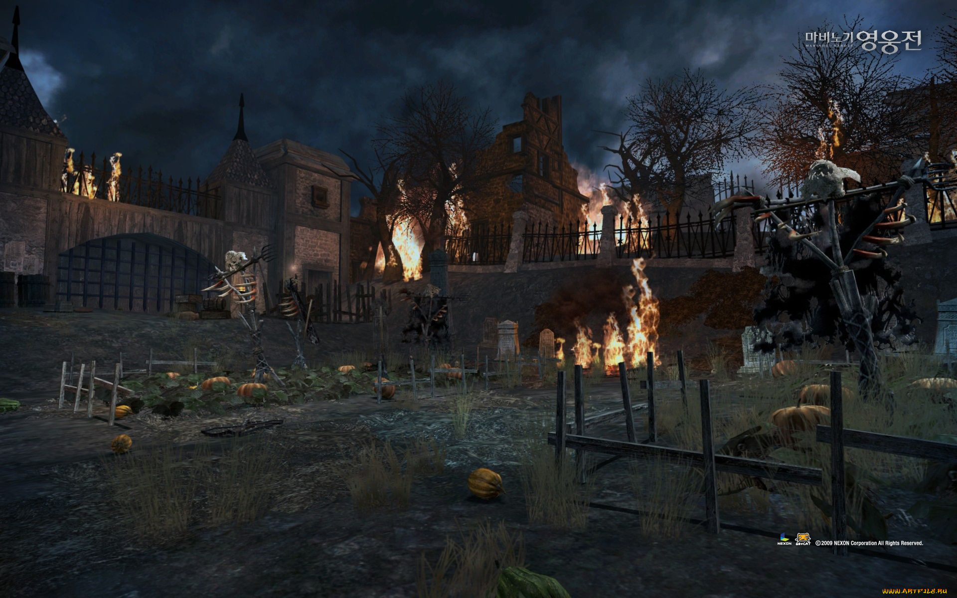 видео, игры, vindictus, здания, огонь, тыквы