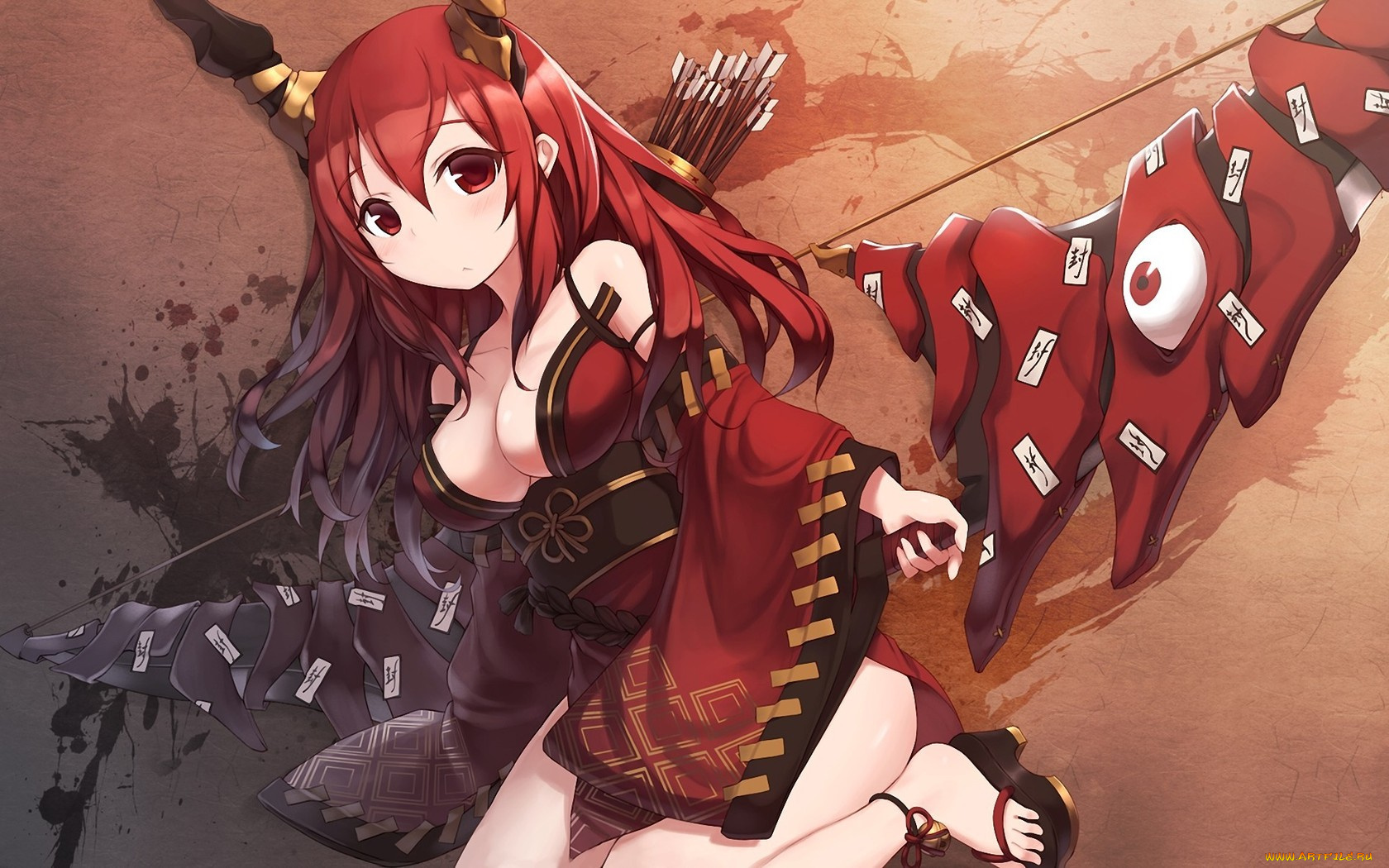 аниме, angels, demons, лук, девушка, глаза, стрелы, рога