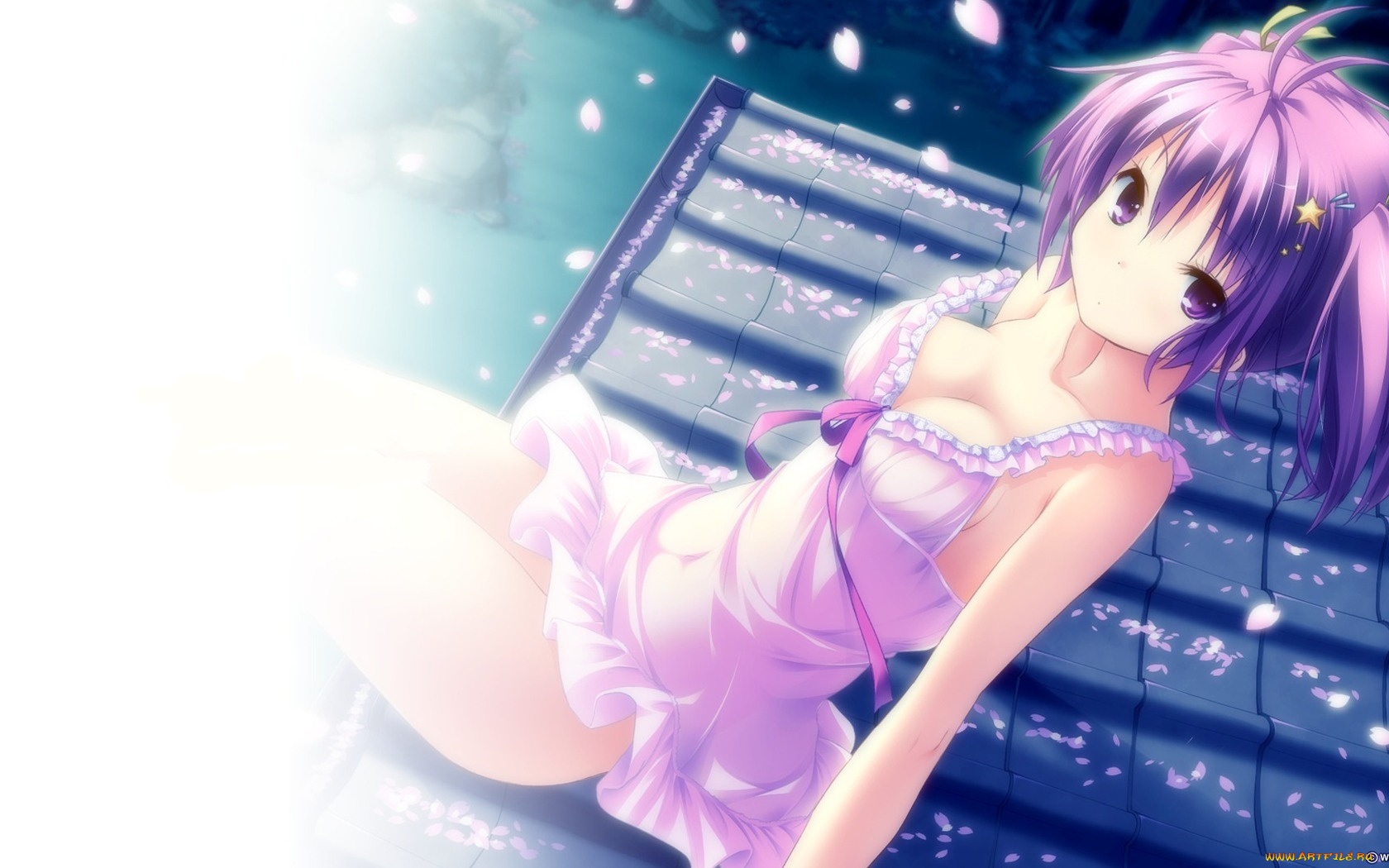 аниме, *unknown, другое, девушка, сидит, розовый, смотрит