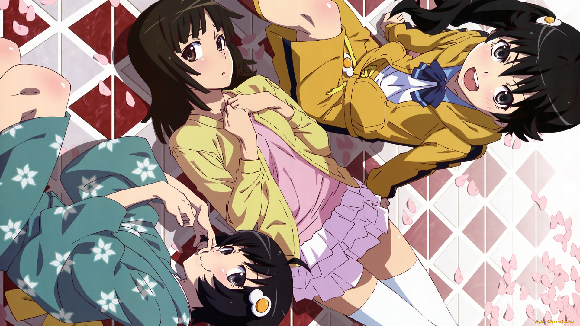 аниме, bakemonogatari, araragi, karen, araragi, tsukihi, девушки, форма, кимоно, заколка, sengoku, nadeko, клетчатый, пол, лепестки