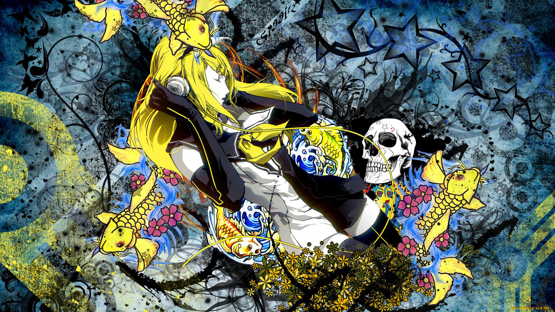 аниме, vocaloid, закрытые, глаза, вода, наушники, рыба, череп, желтые, волосы, девушка, длинные