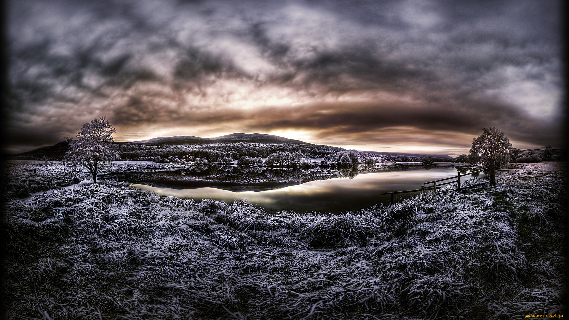 bend, in, the, river, природа, зима, река, изморозь, трава