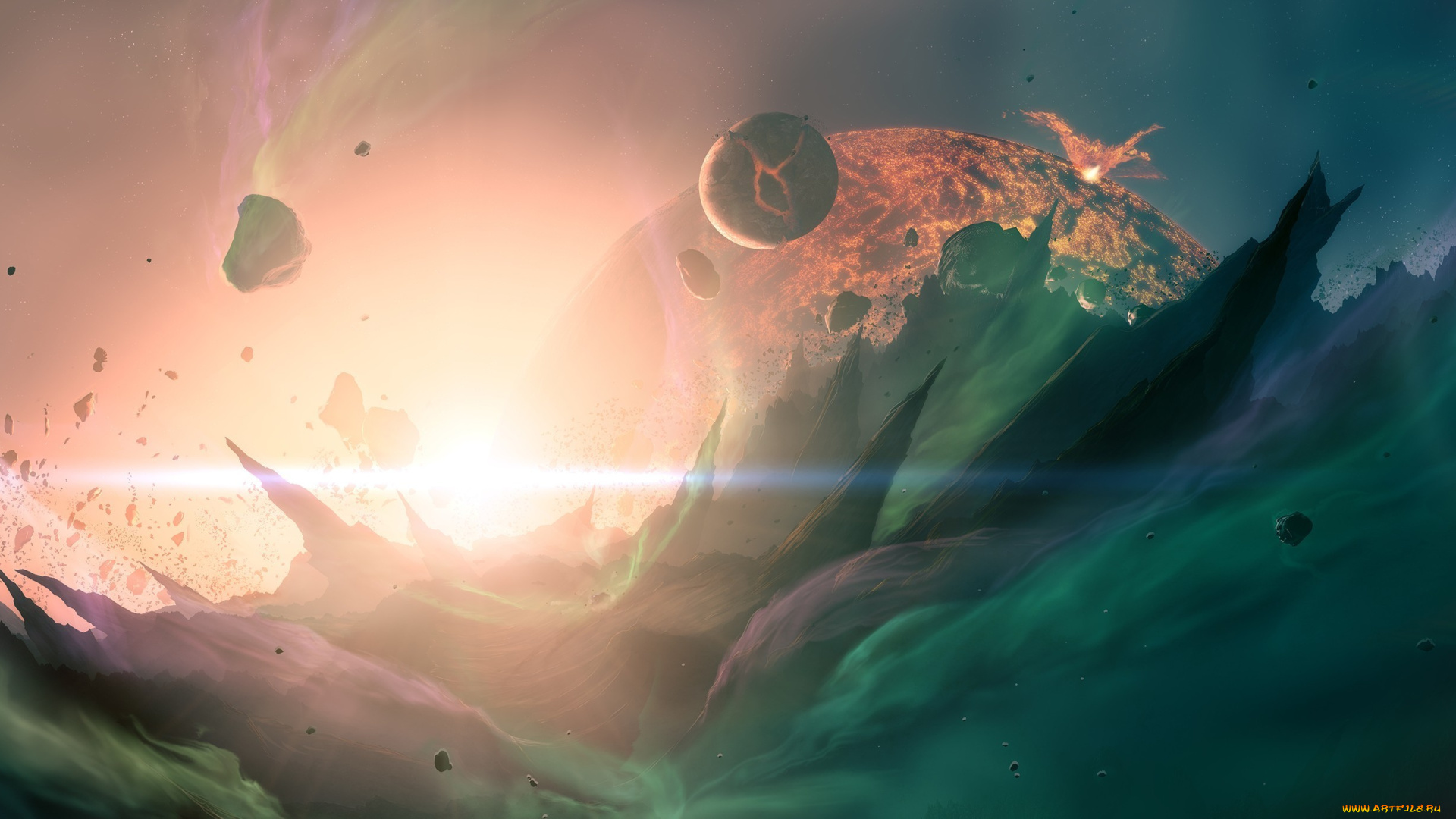 космос, арт, камни, метеориты, трещины, лава, огонь, скалы, пики, острые, свет, планеты, звезда