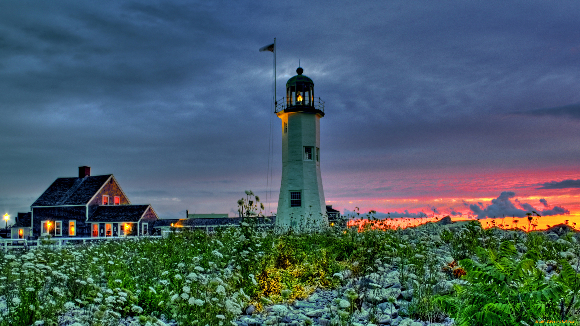the, lighthouse, природа, маяки, цветы, маяк, луг, дом, закат