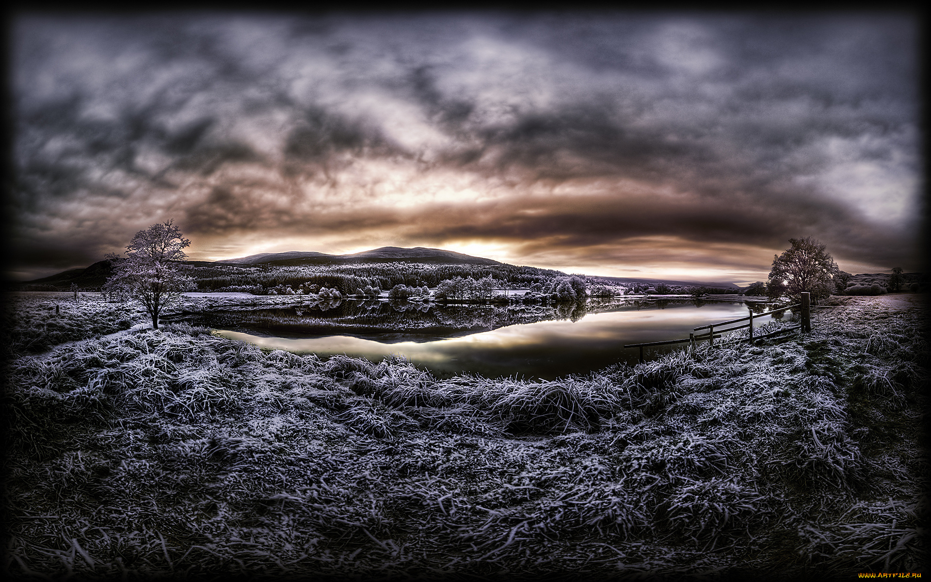 bend, in, the, river, природа, зима, река, изморозь, трава