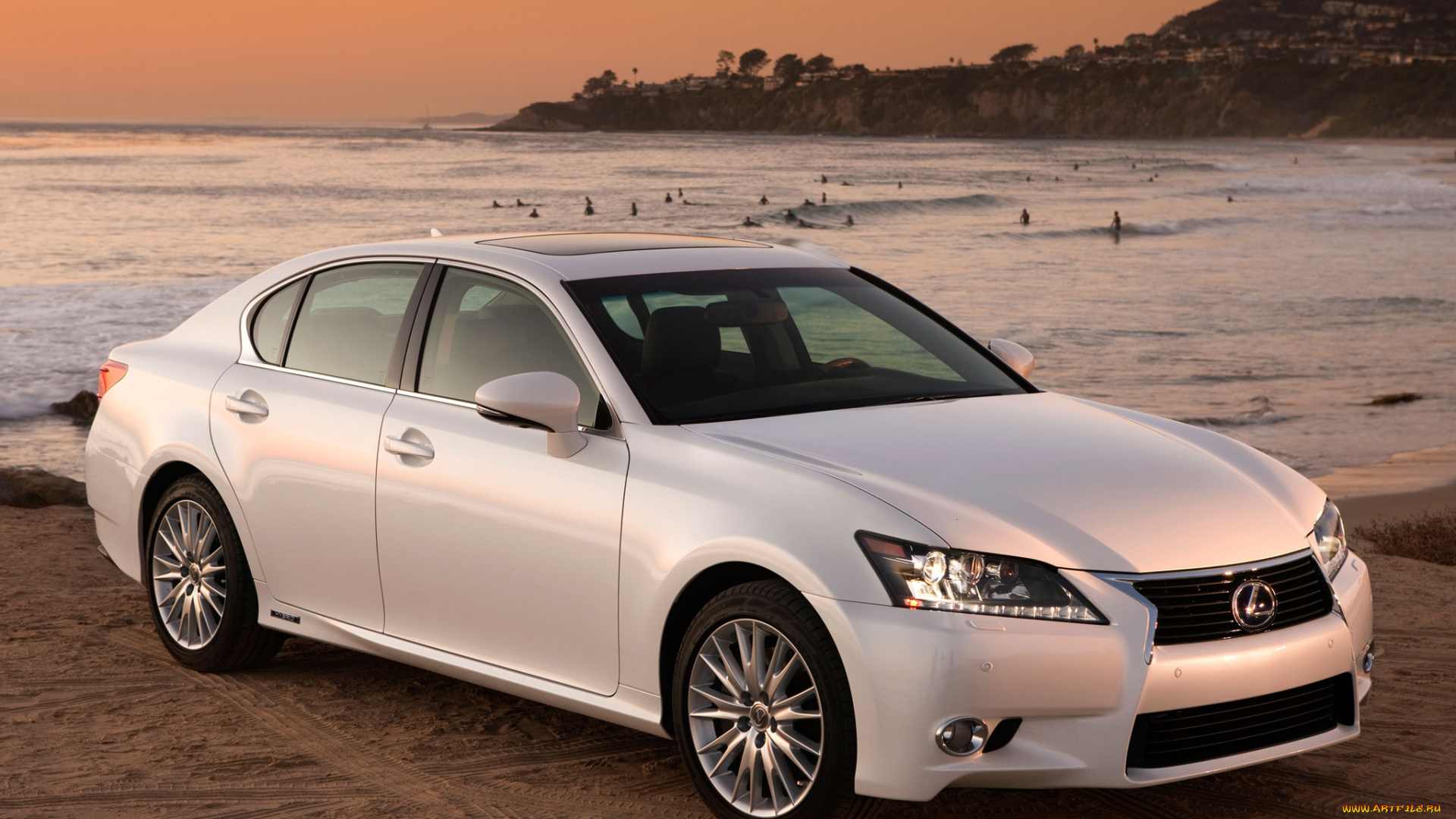 автомобили, lexus, gs450h, лексус, гс, седан, белый, передок, пляж, берег, океан, закат, небо