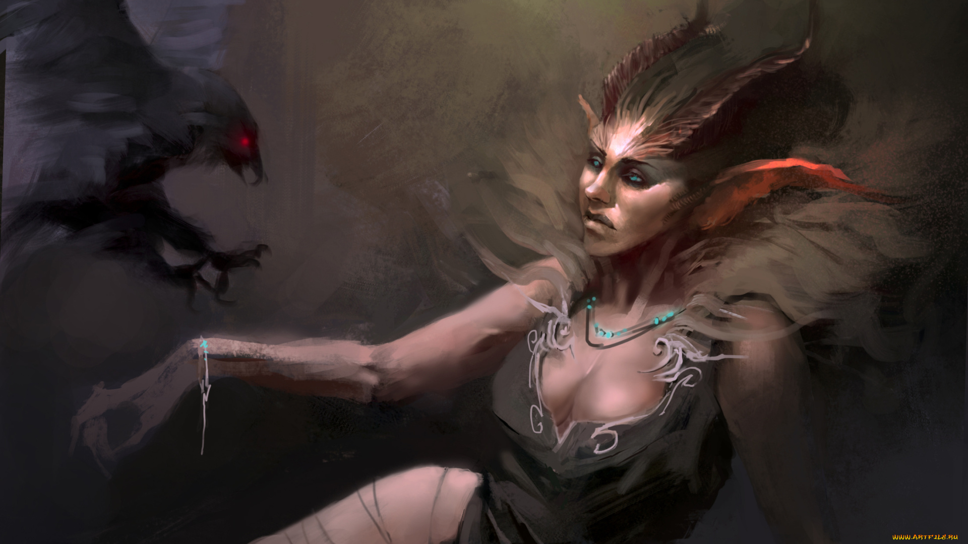 фэнтези, существа, рога, женщина, демон, ворон, птица