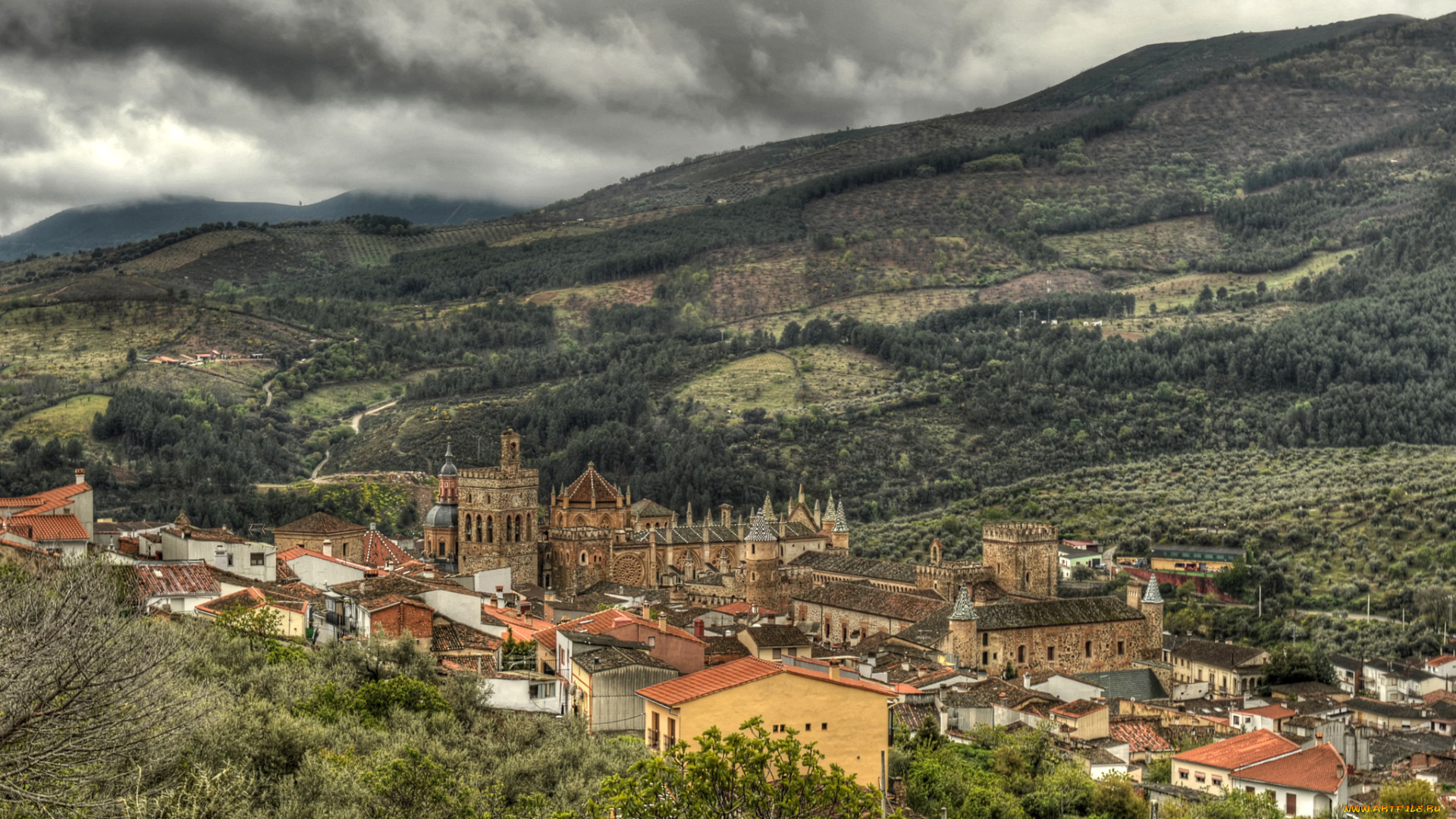 испания, касерес, города, -, панорамы, панорама, поля, дома, пейзаж, касерес, испания