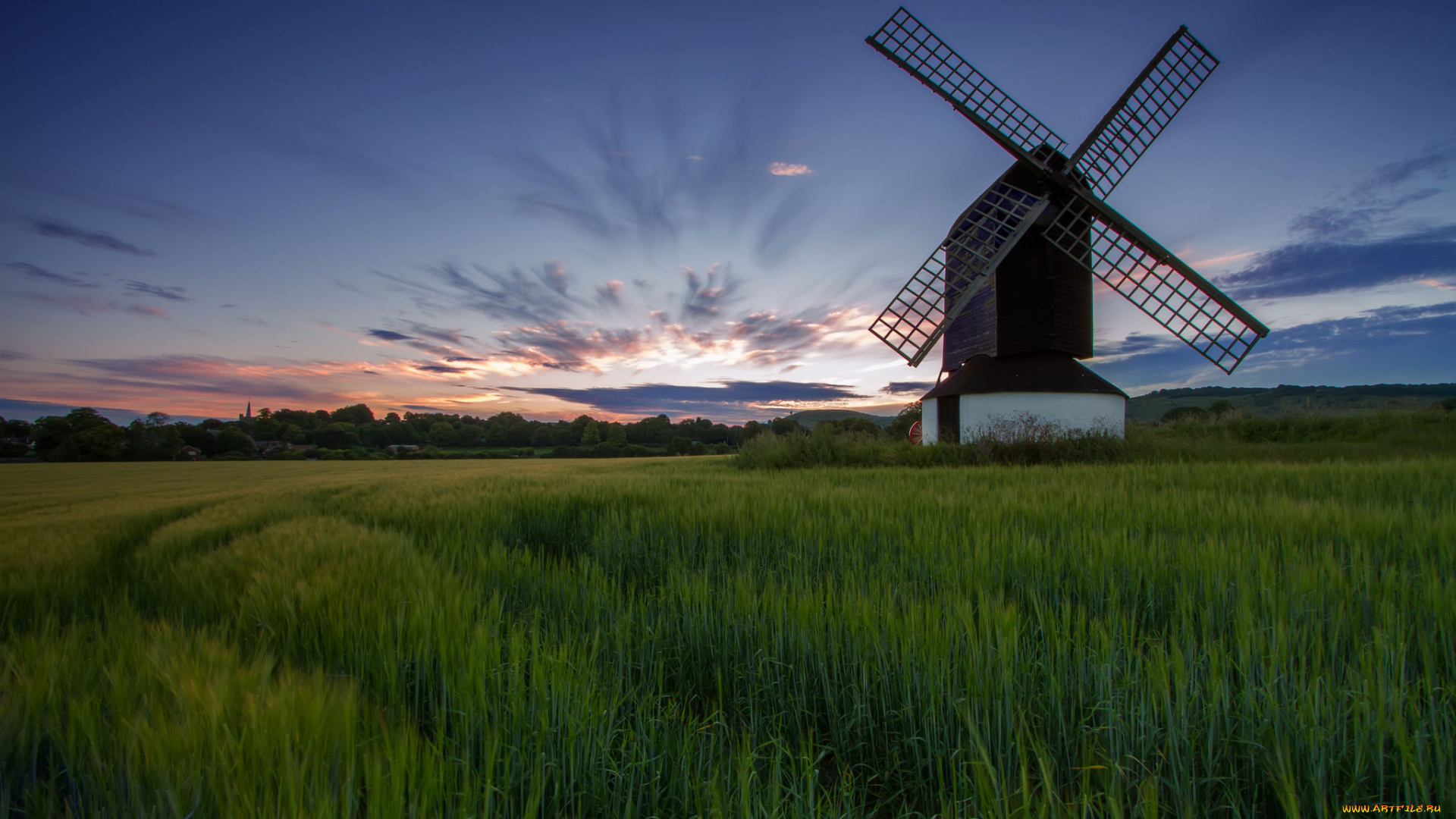 разное, мельницы, облака, утро, мельница, деревья, небо, рассвет, трава, поляна, поле