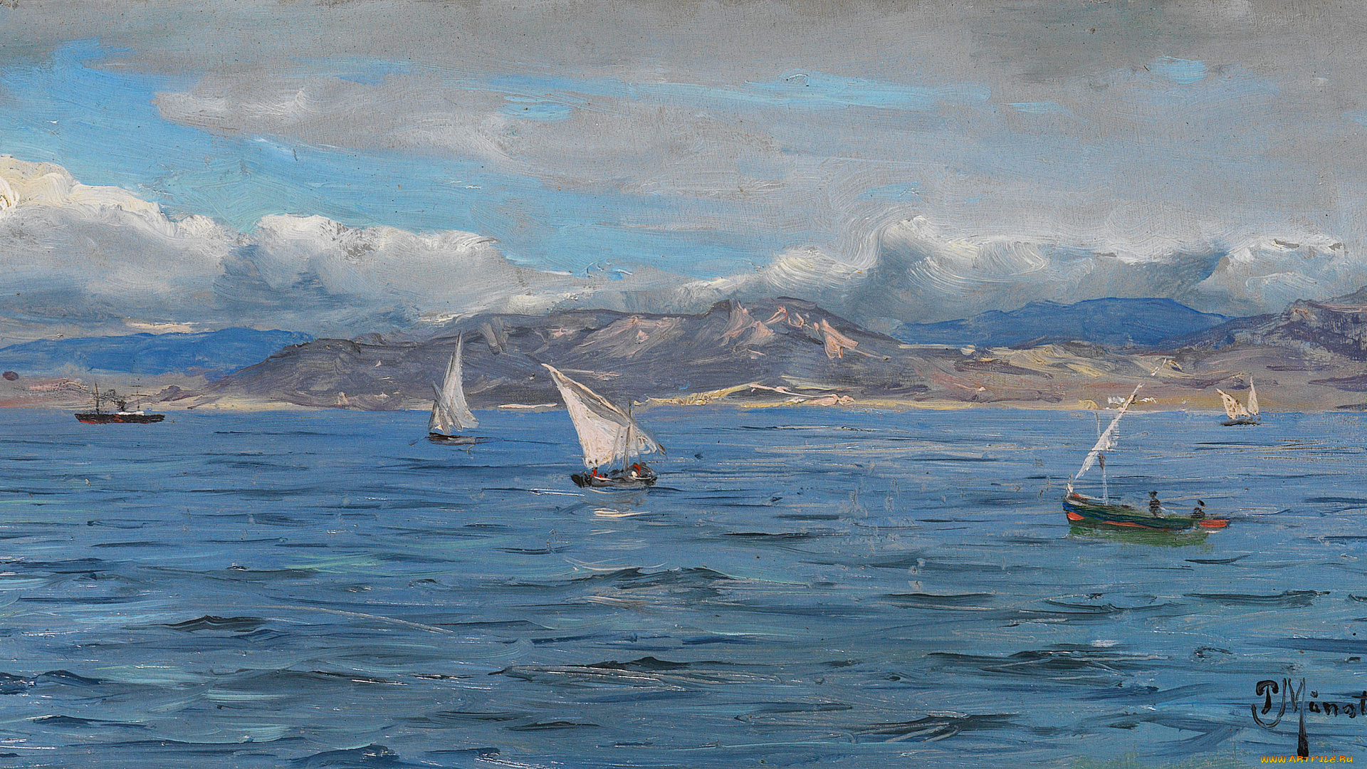 рисованные, peder, mork, monsted, лодка, парус, горы, облака, пейзаж, море, картина, небо, peder, monsted