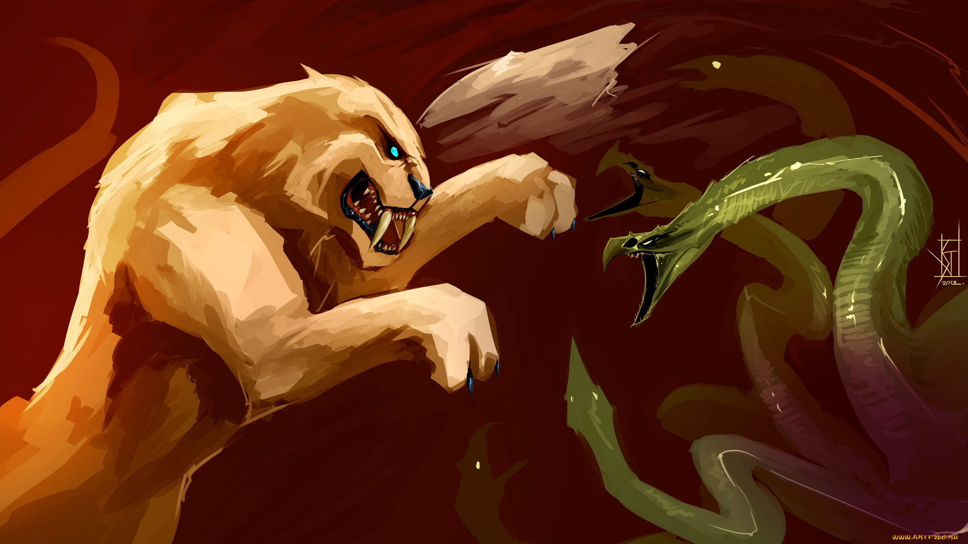 рисованные, животные, змея, лев