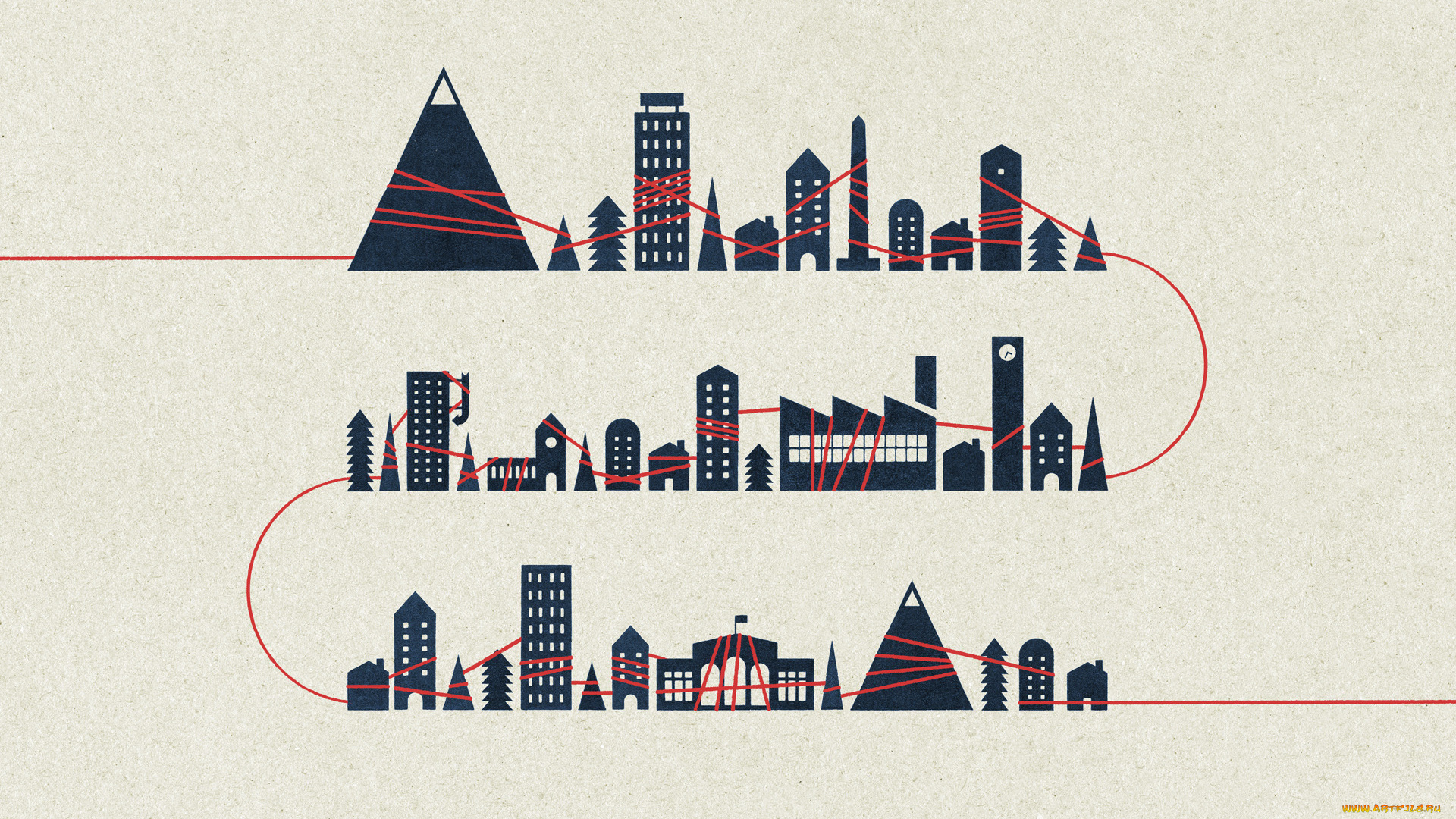 векторная, графика, город, деревья, здания, дома, горы, линия