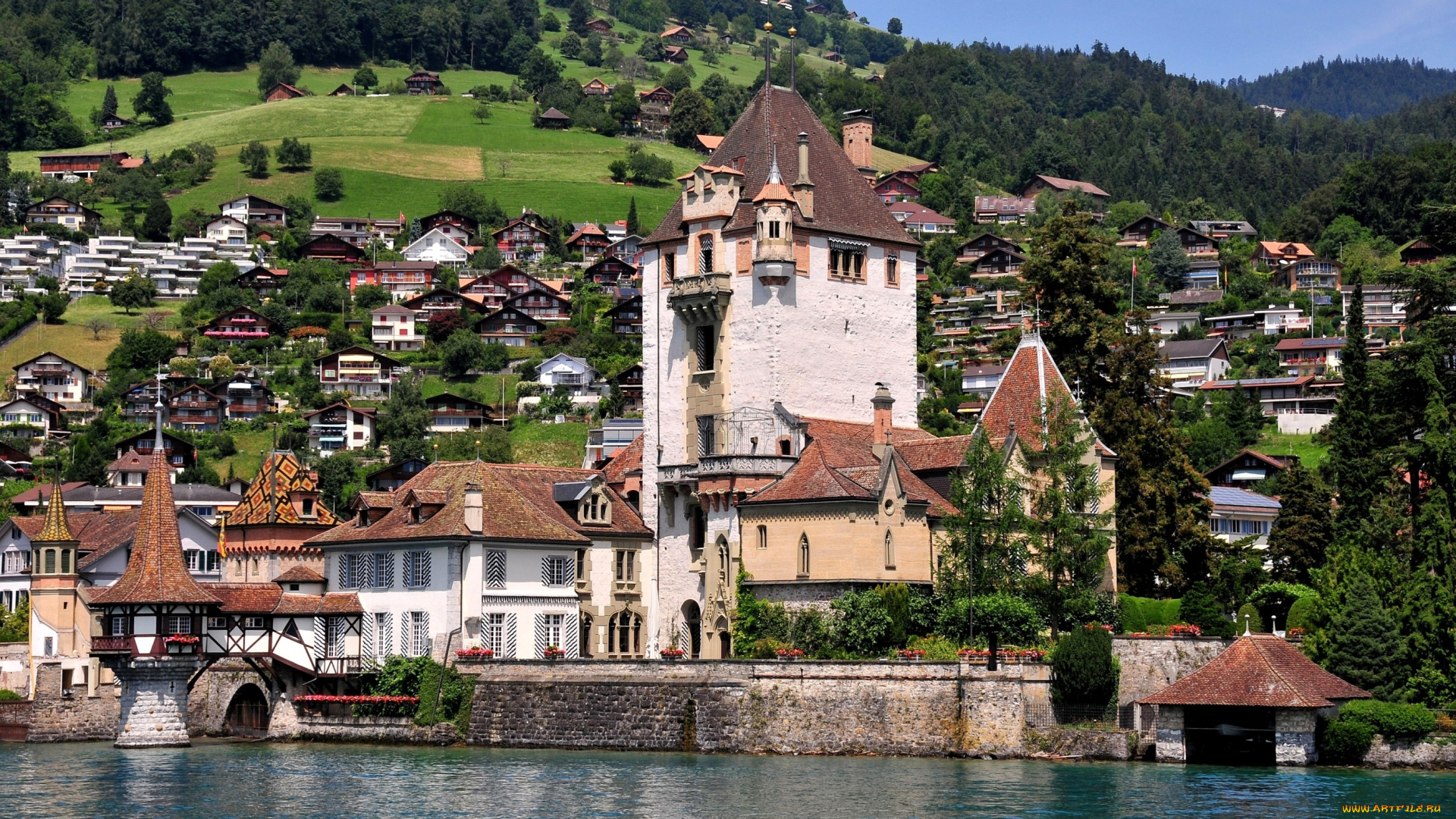 замок, д`оберхофен, , швейцария, города, -, дворцы, , замки, , крепости, замок, вода