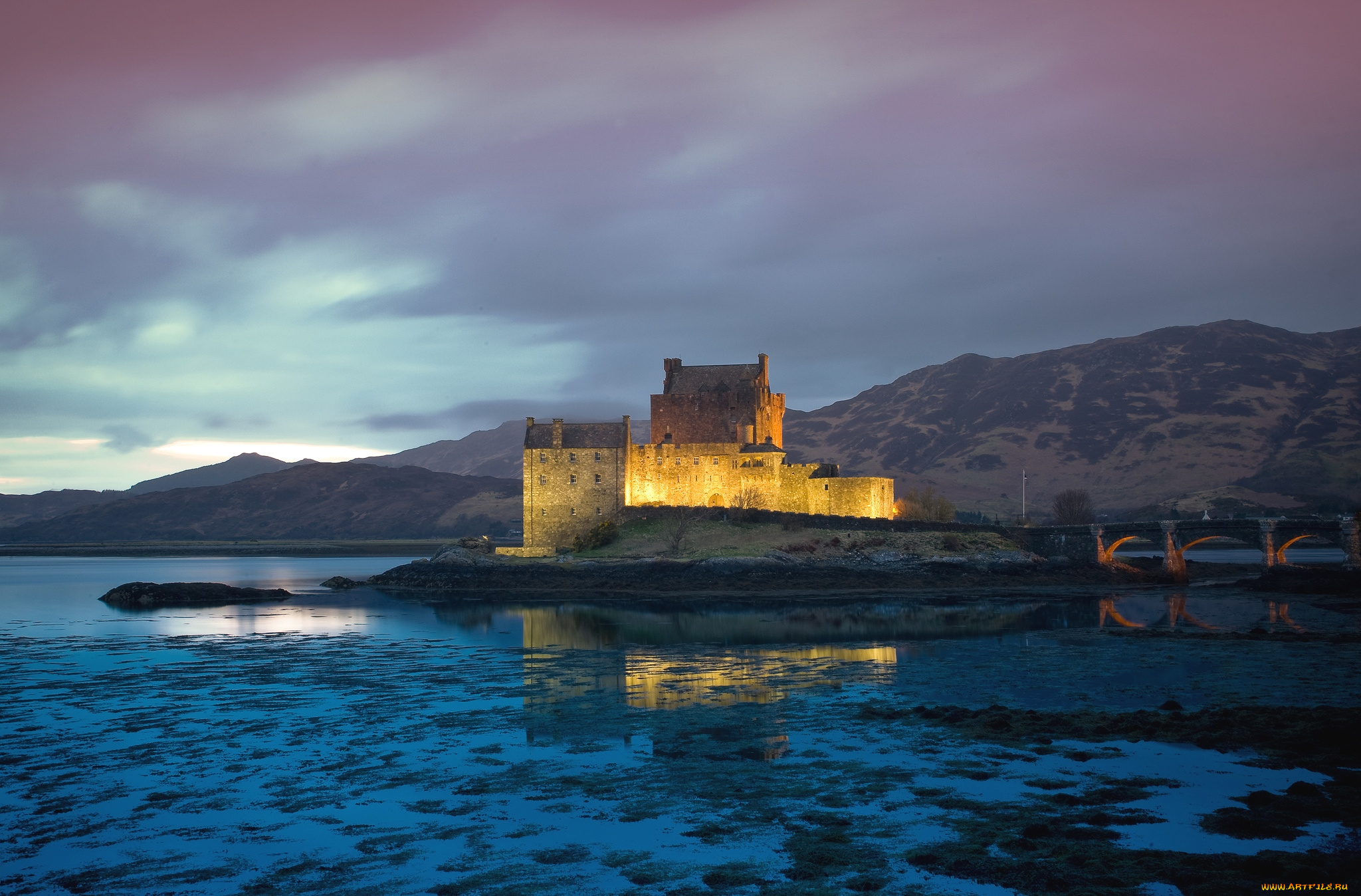 города, замок, эйлен, донан, , , шотландия, река, мост