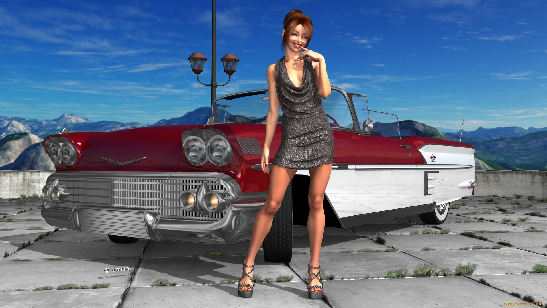 автомобили, 3d, car&girl, девушка, взгляд, автомобиль, фон