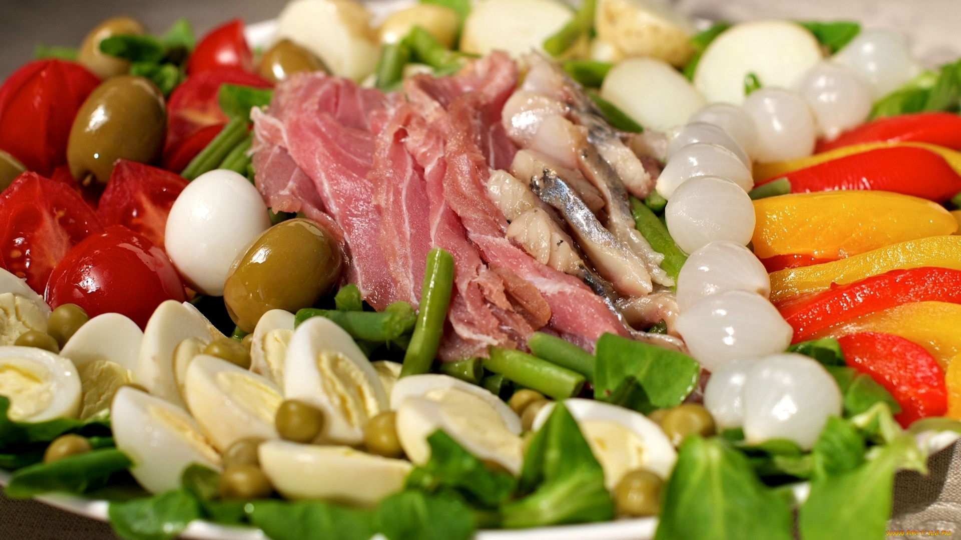 еда, салаты, , закуски, салат, стручковая, фасоль, помидоры, тунец, оливки, яйца, нисуаз, сельдь, лук, горошек, перец