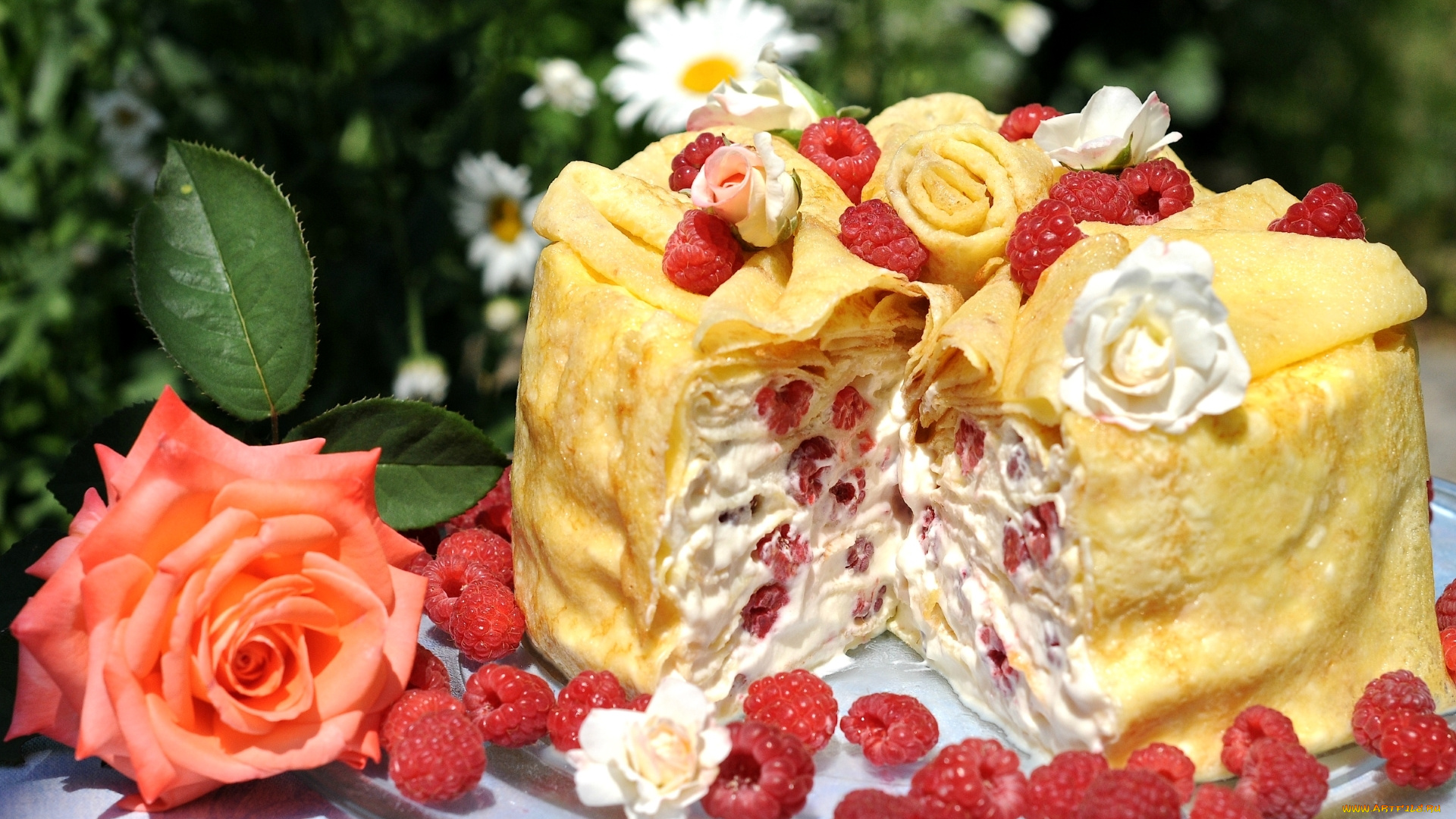 еда, торты, роза, малина, торт, крем, лето, блины