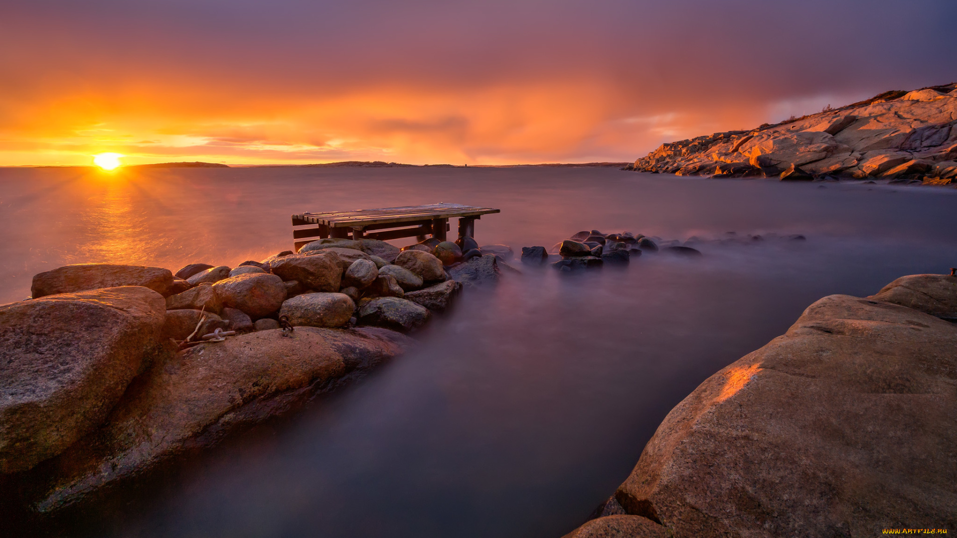 природа, побережье, закат, море, скалы