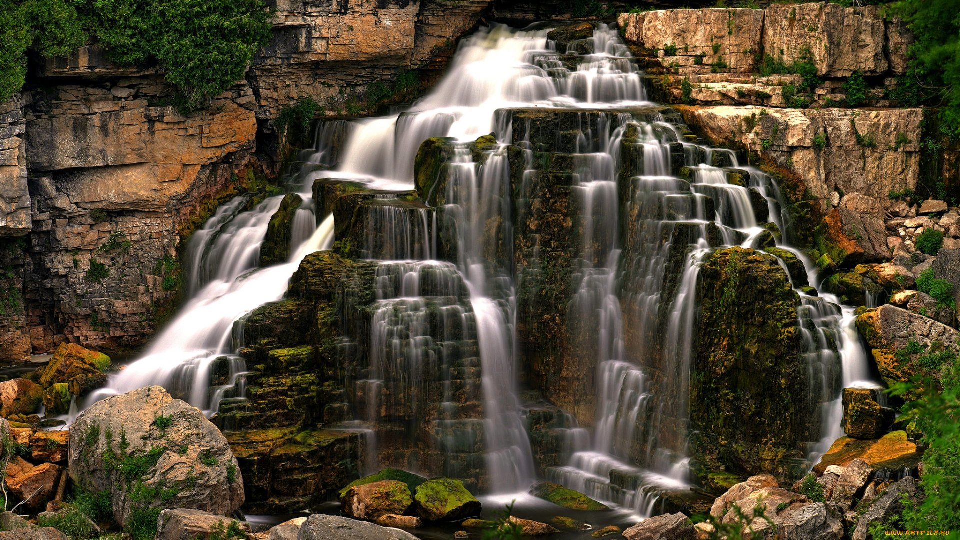 природа, водопады, река, лес, водопад