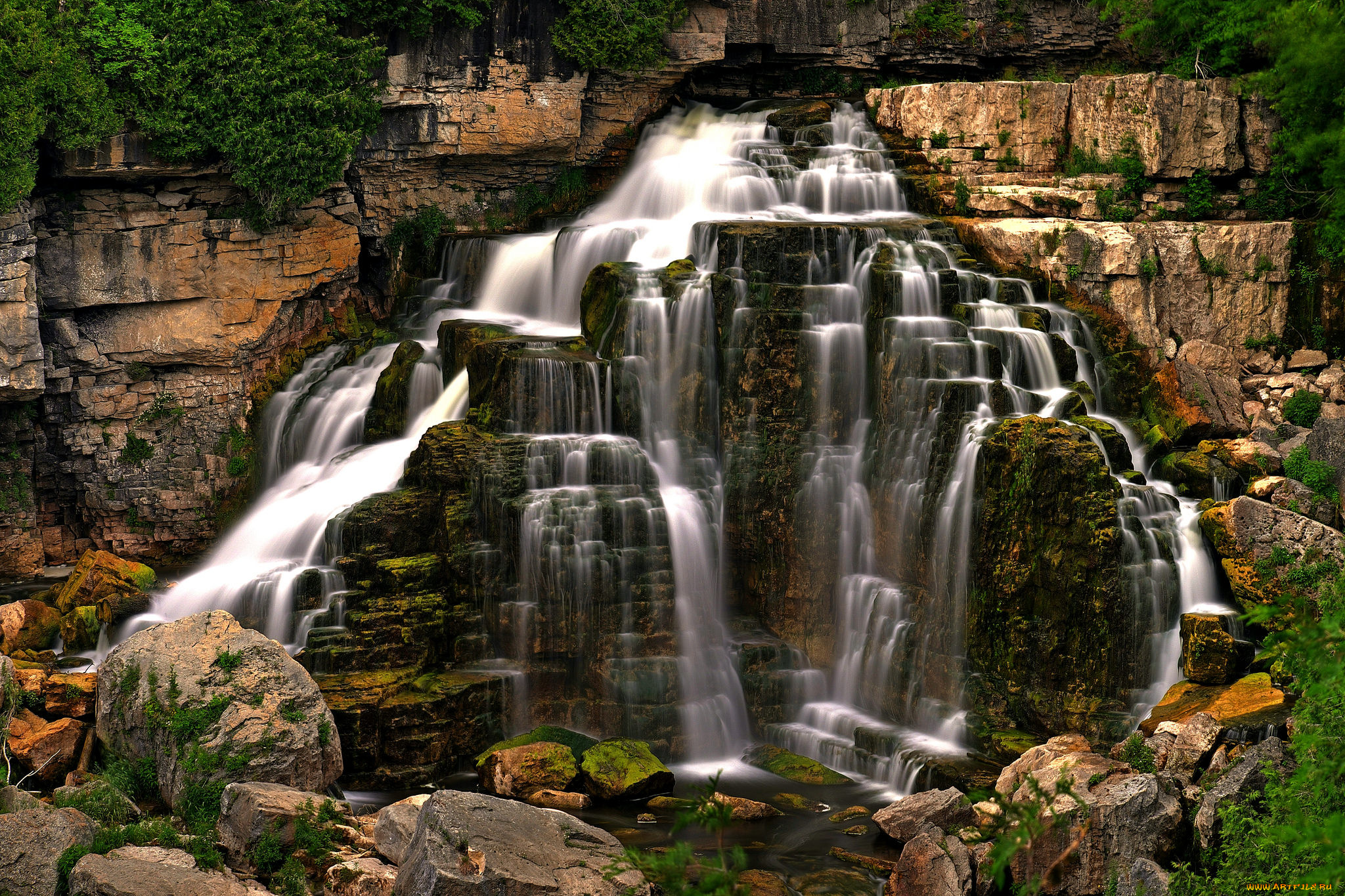 природа, водопады, река, лес, водопад