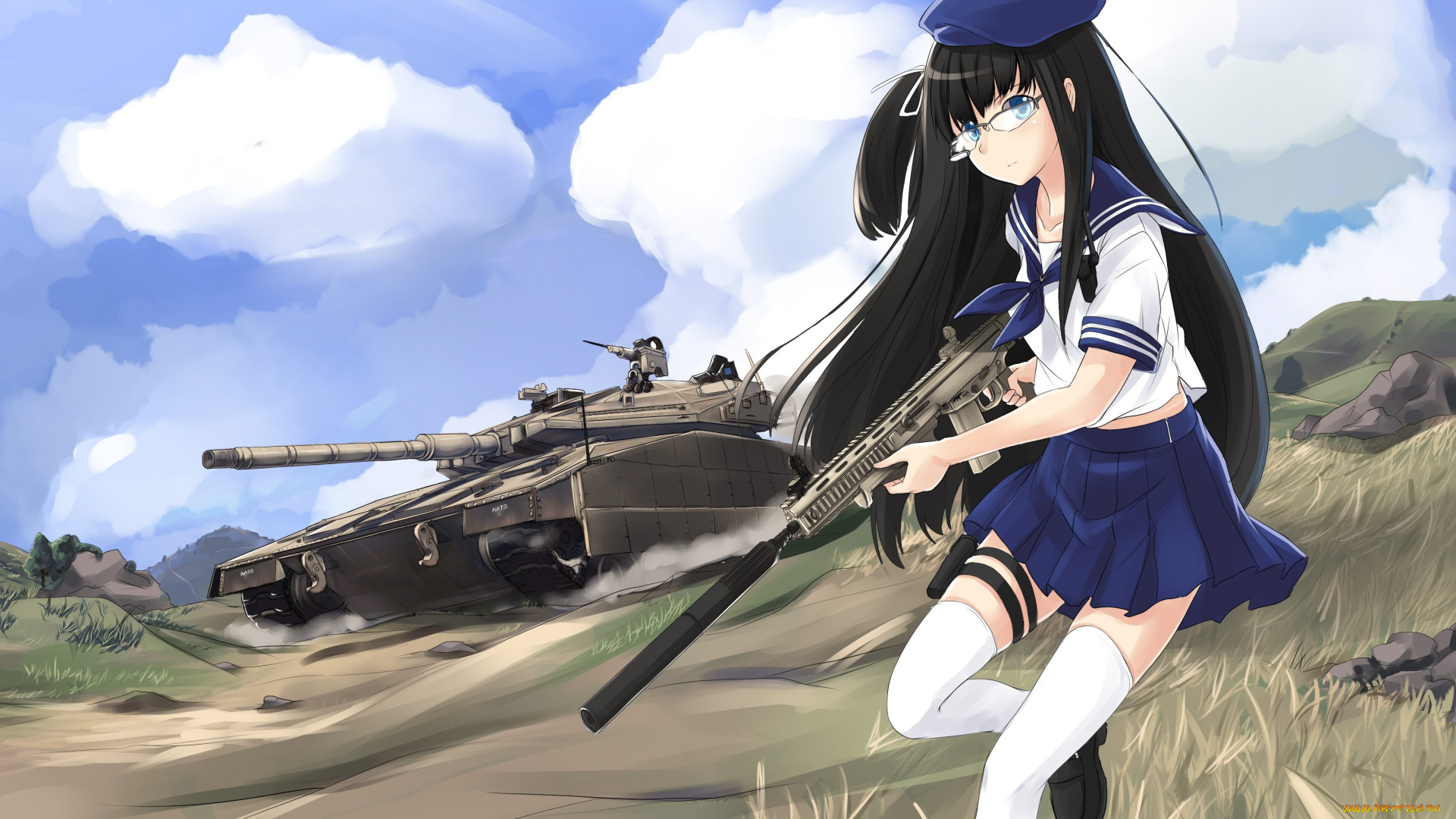 аниме, оружие, , техника, , технологии, girl, gun, weapon, anime, brunette, rifle, tank, japanese, seifuku