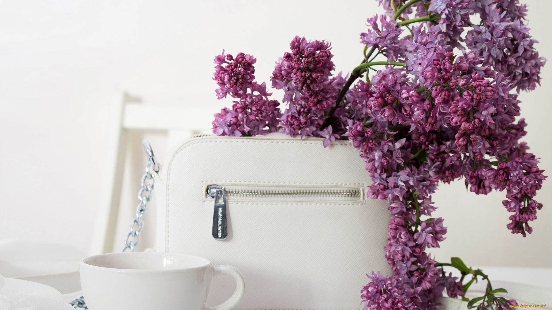 цветы, сирень, сумочка, ветка, чашка