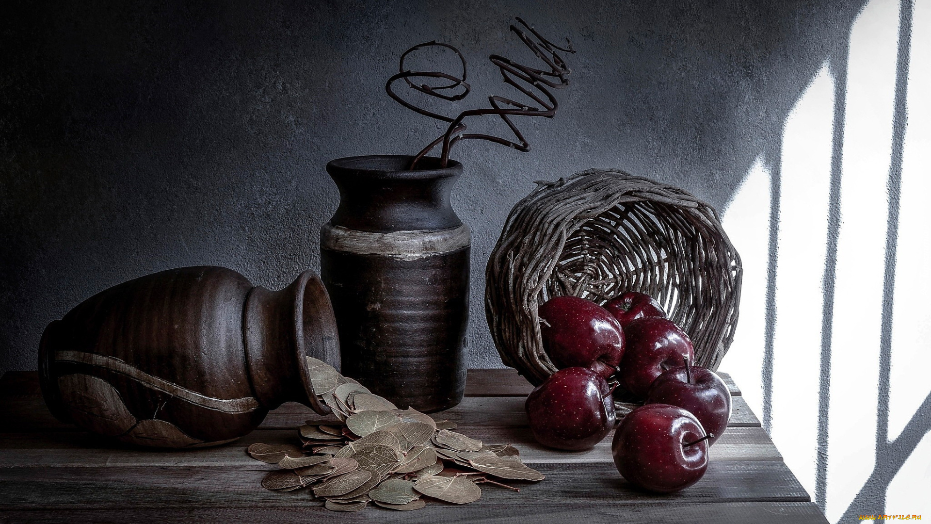 еда, Яблоки, корзинка, листья, яблоки, кувшины