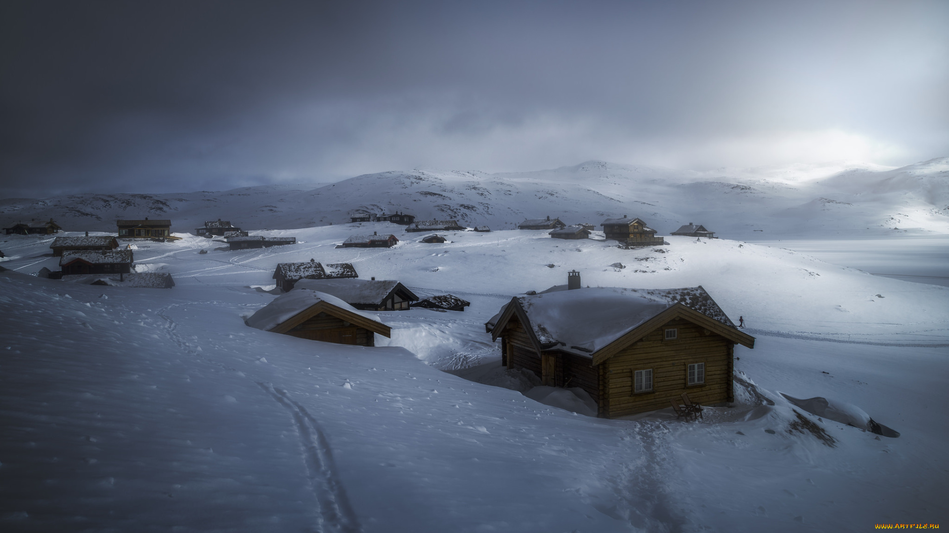 города, -, панорамы, хижины, снег, зима, серые, облака