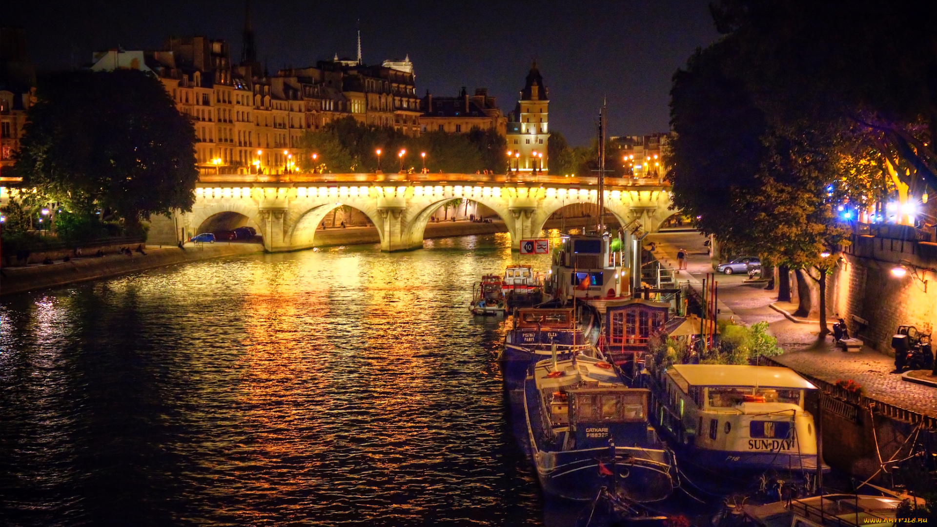 корабли, баржи, река, огни, ночь