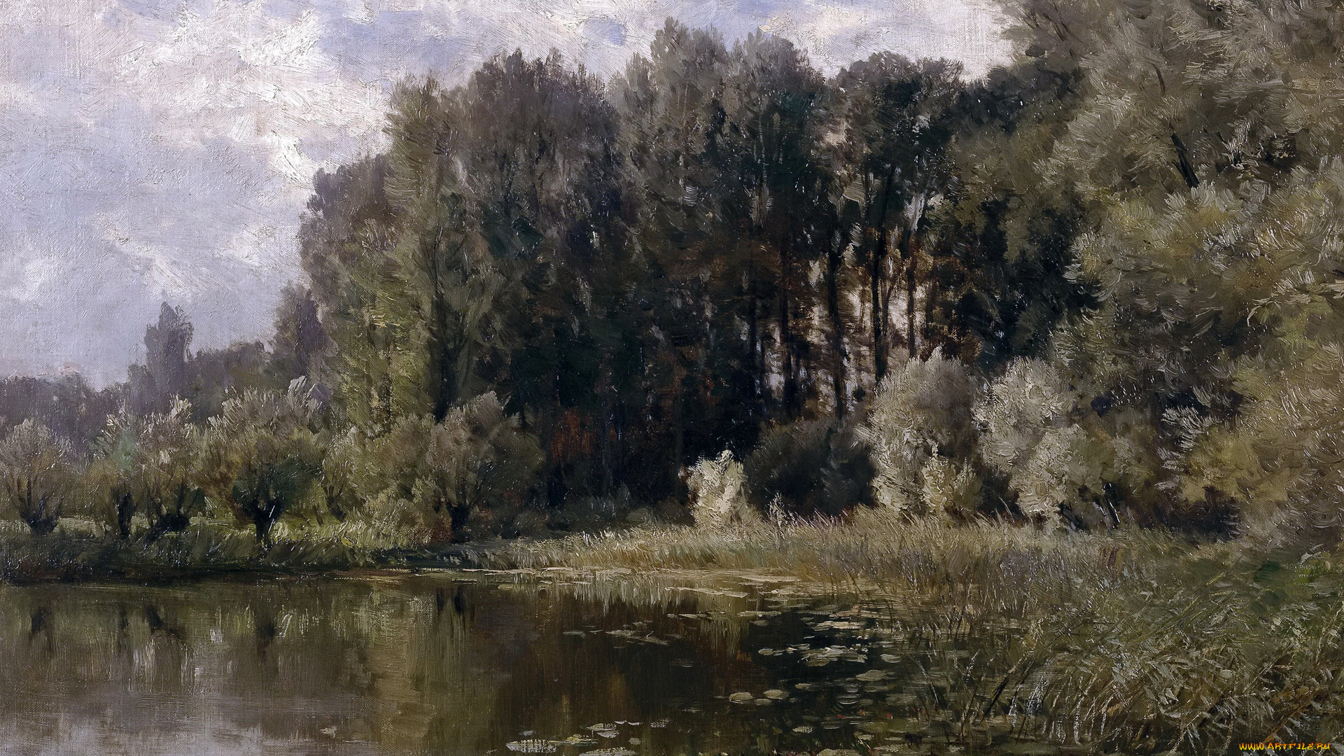 рисованное, природа, пейзаж, деревья, озеро, в, неймегене, карлос, де, хаэс, заводь, картина