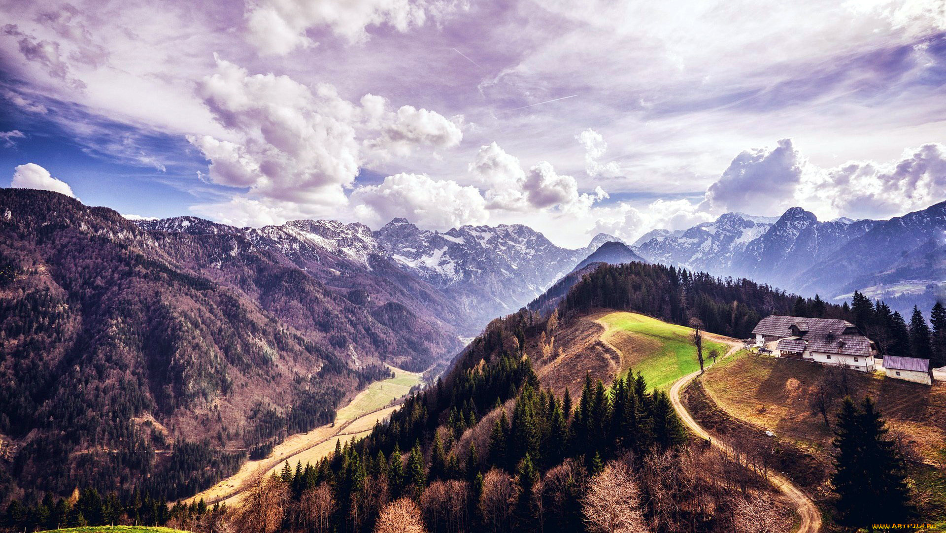 природа, горы, дом, дороги, облака