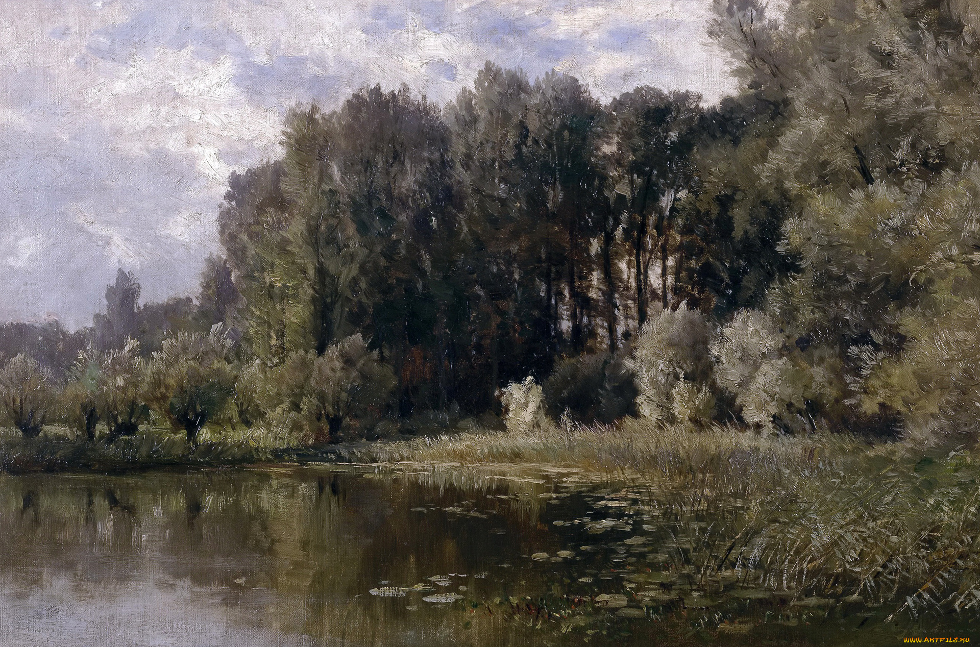 рисованное, природа, пейзаж, деревья, озеро, в, неймегене, карлос, де, хаэс, заводь, картина