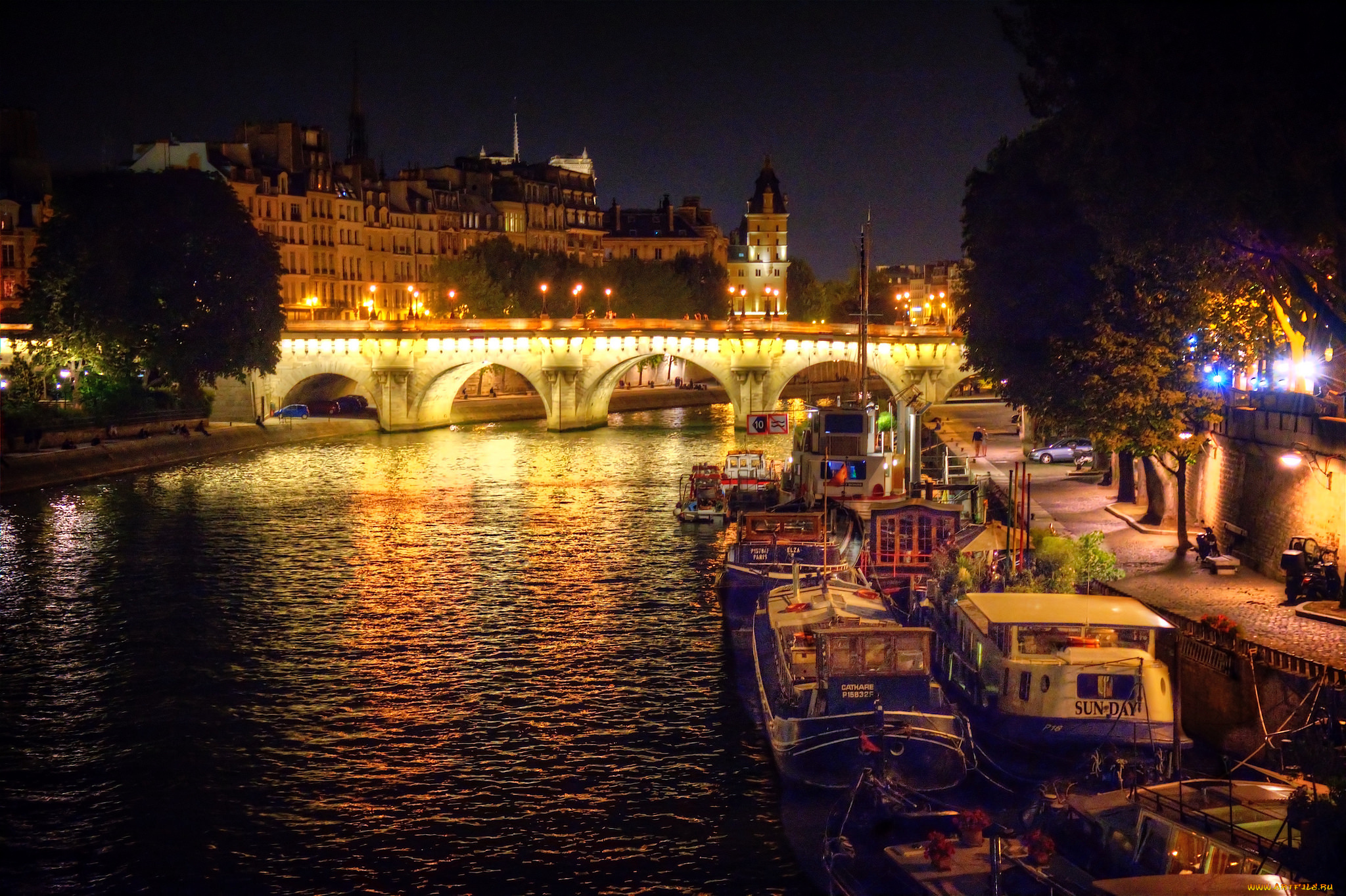 корабли, баржи, река, огни, ночь