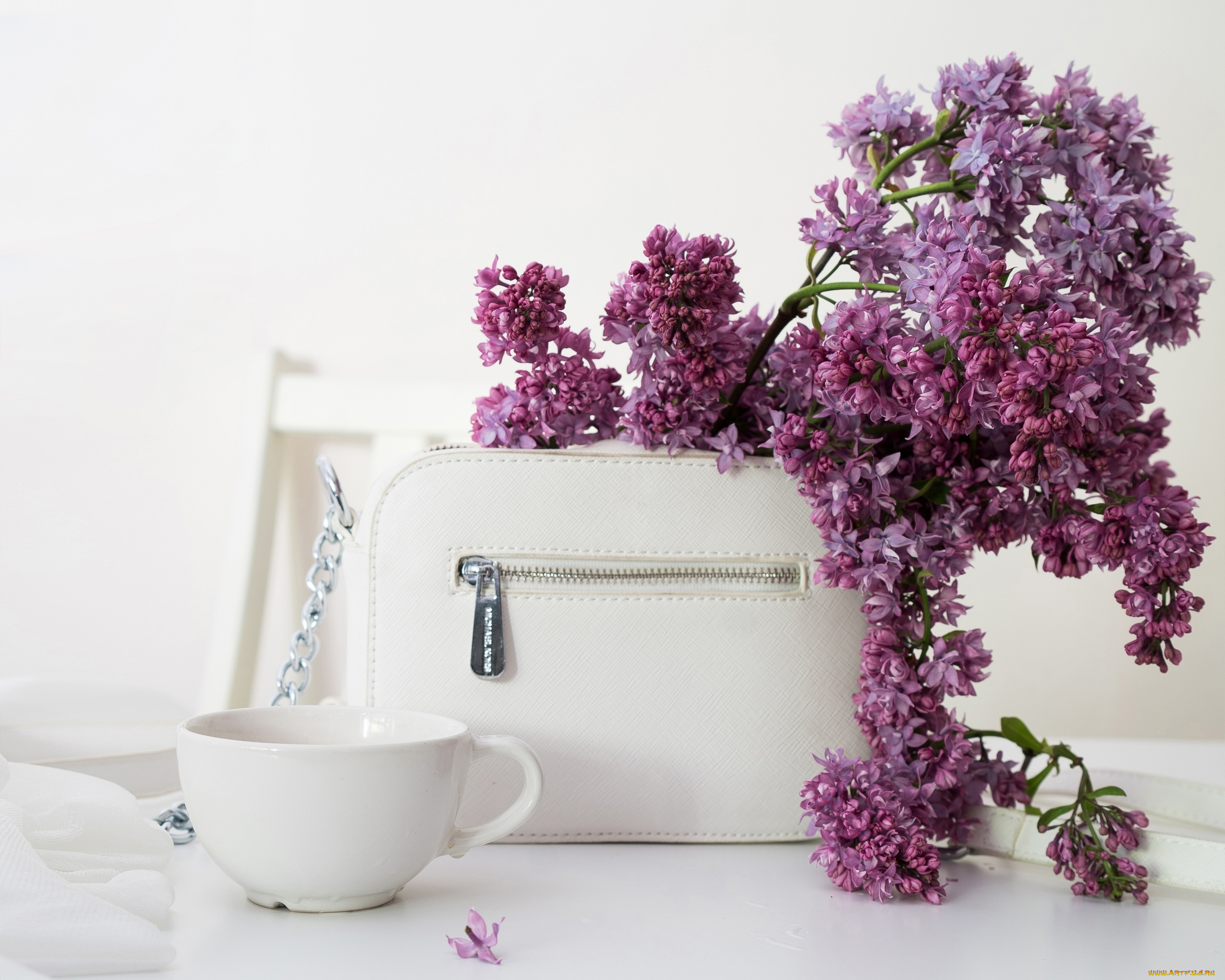 цветы, сирень, сумочка, ветка, чашка
