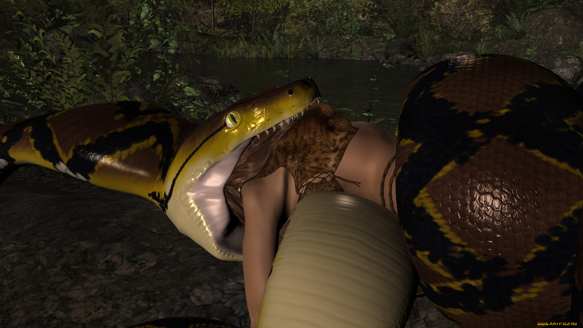 3д, графика, фантазия, , fantasy, змея, фон, взгляд, девушка