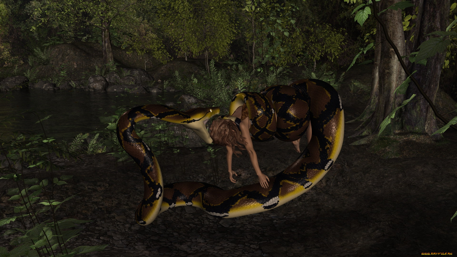 3д, графика, фантазия, , fantasy, змея, фон, взгляд, девушка