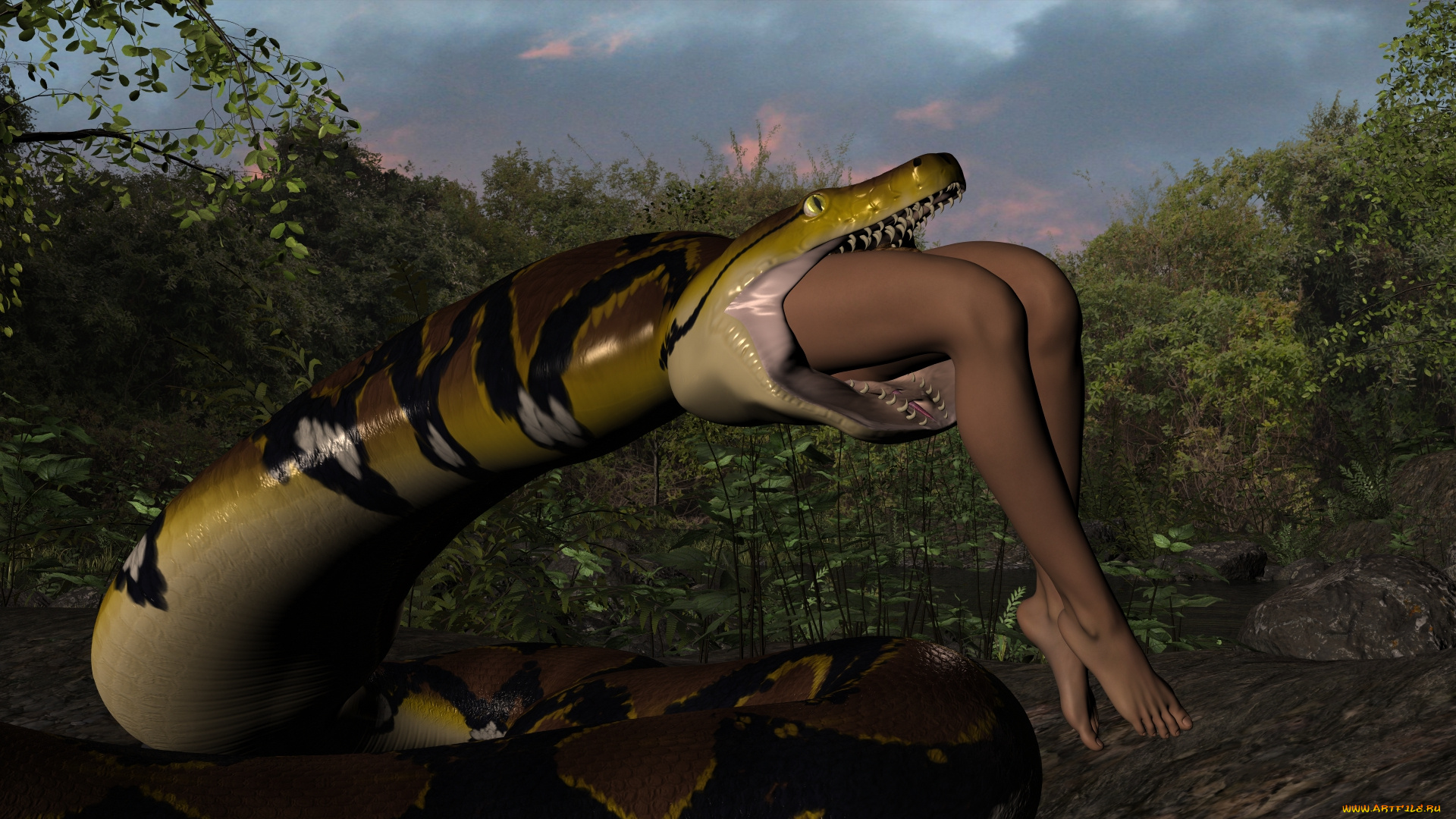3д, графика, фантазия, , fantasy, змея, фон, взгляд, девушка