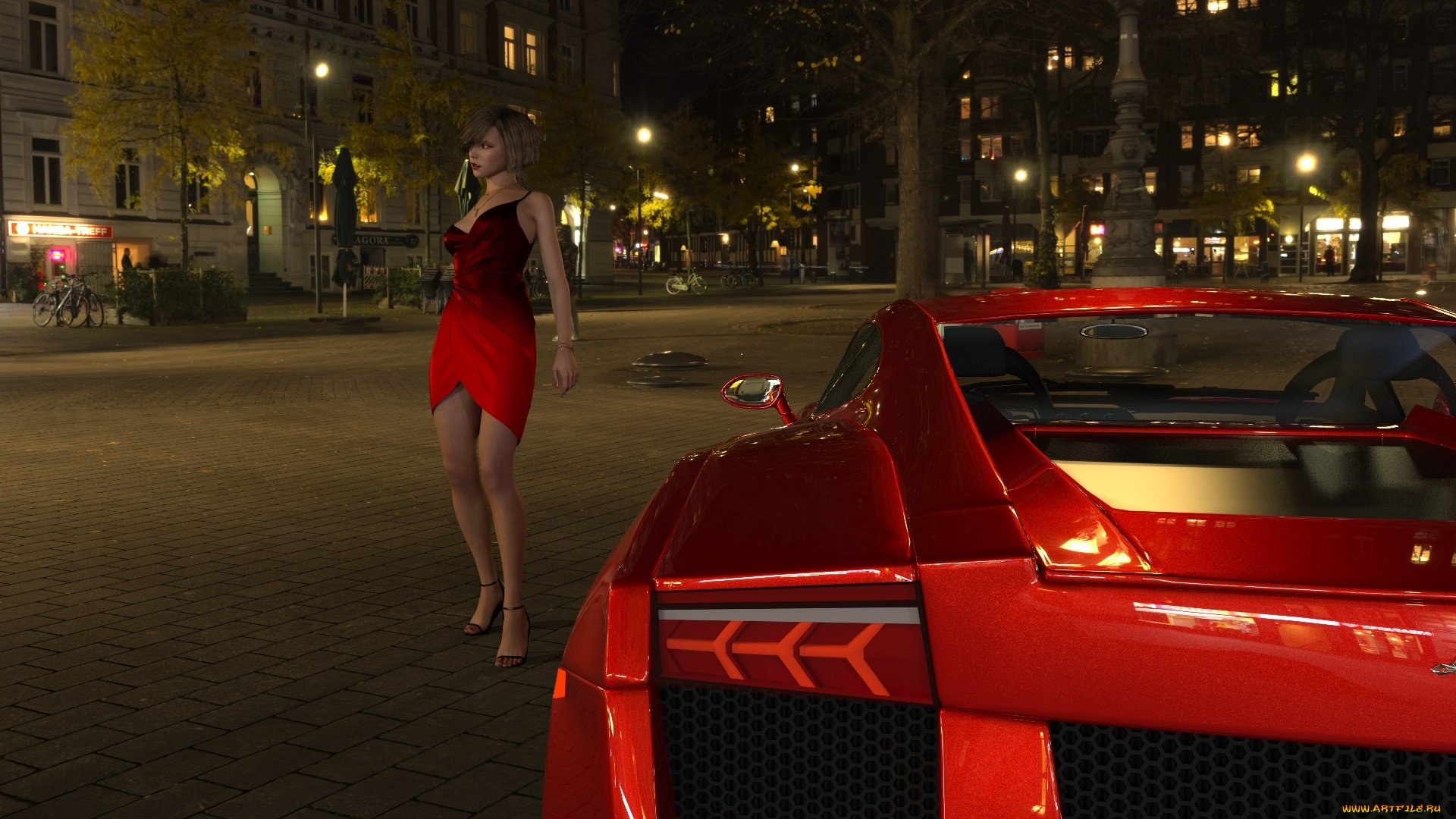 3д, графика, люди-авто, мото, , people-, car, , , moto, ночь, город, автомобиль, фон, взгляд, девушка