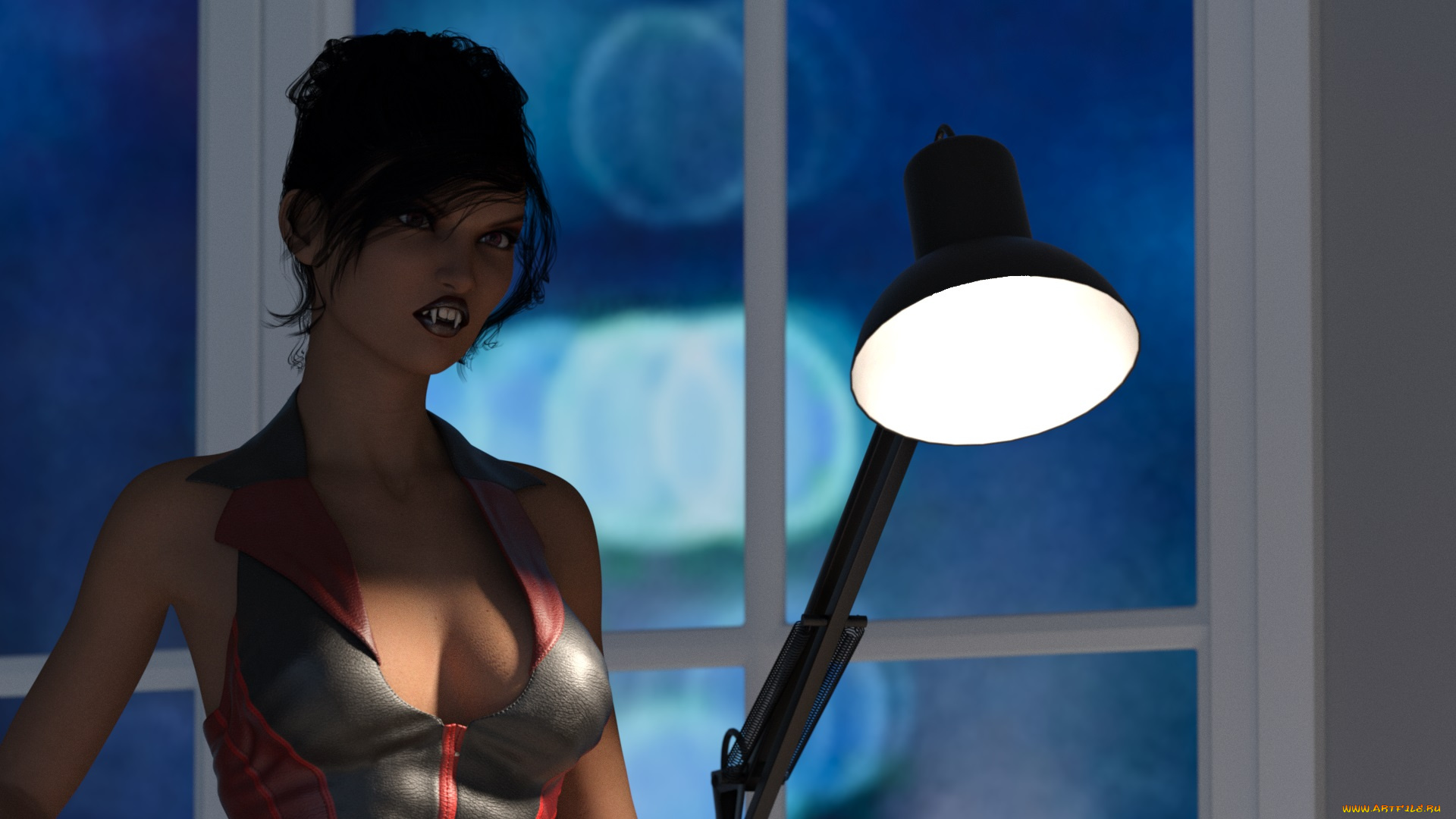 3д, графика, существа, , creatures, взгляд, девушка, вампир, фон