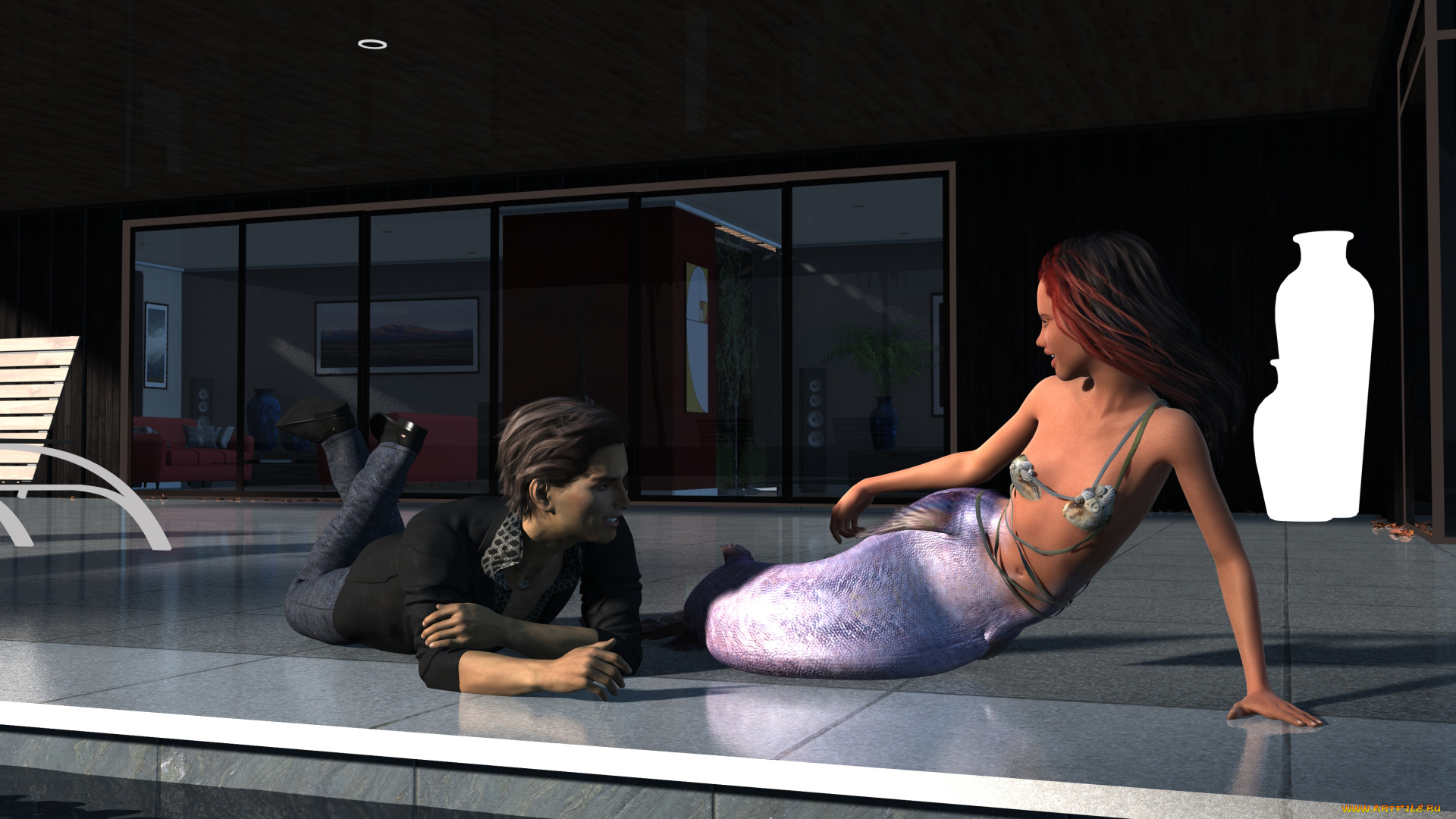 3д, графика, существа, , creatures, взгляд, девушка, русалка, фон