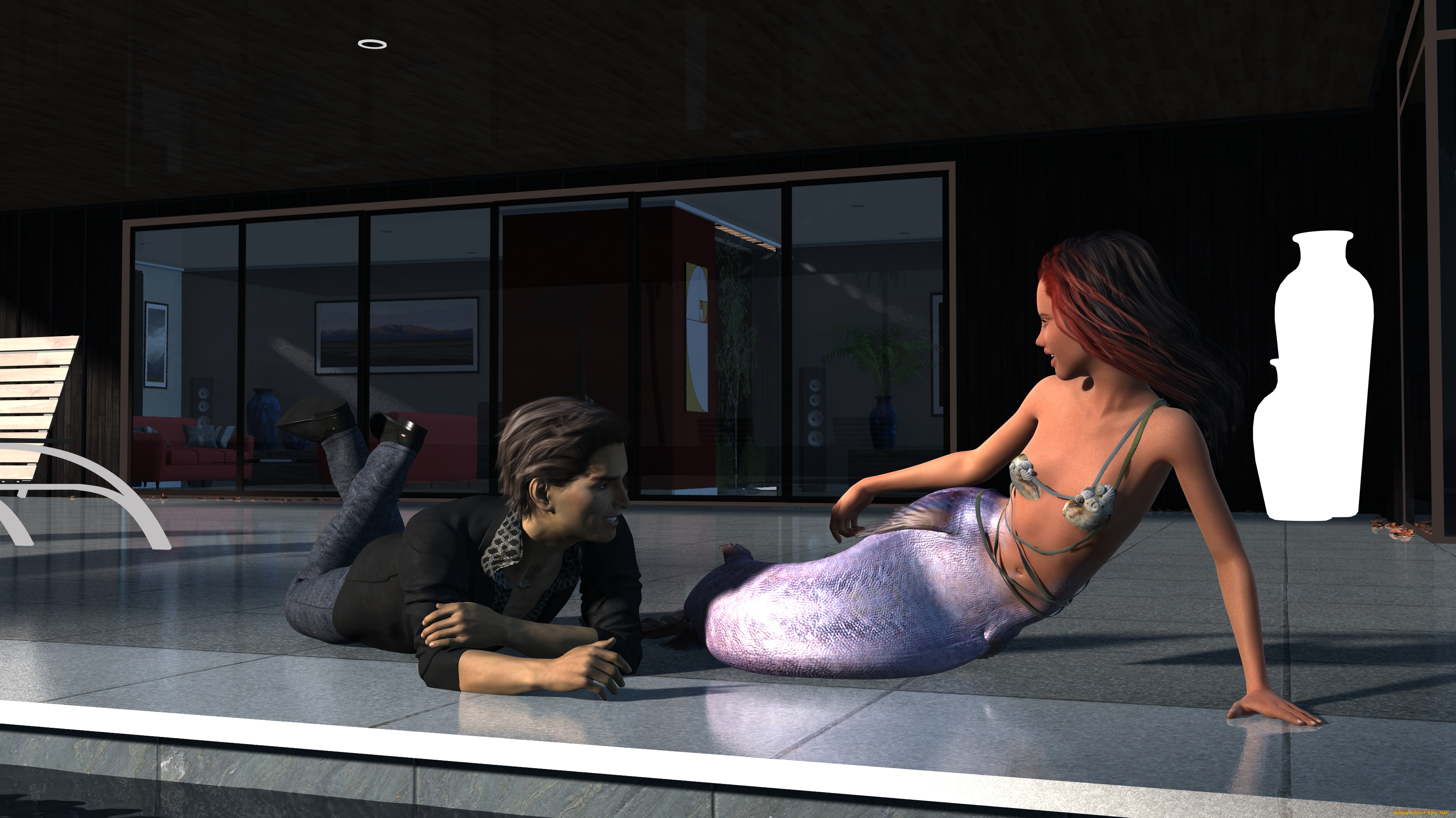 3д, графика, существа, , creatures, взгляд, девушка, русалка, фон