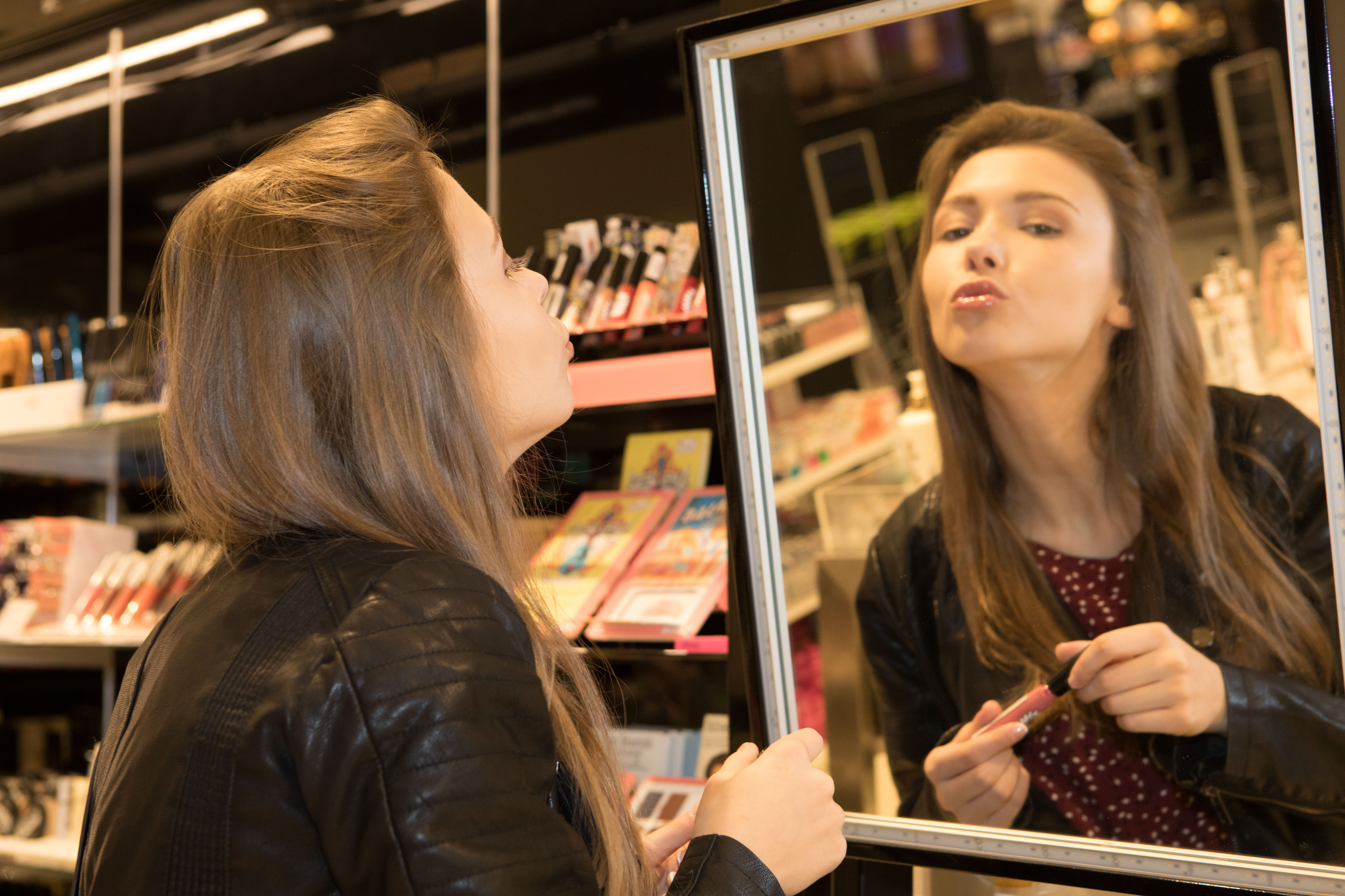 девушки, mila, azul, девушка, фон, помада, зеркало