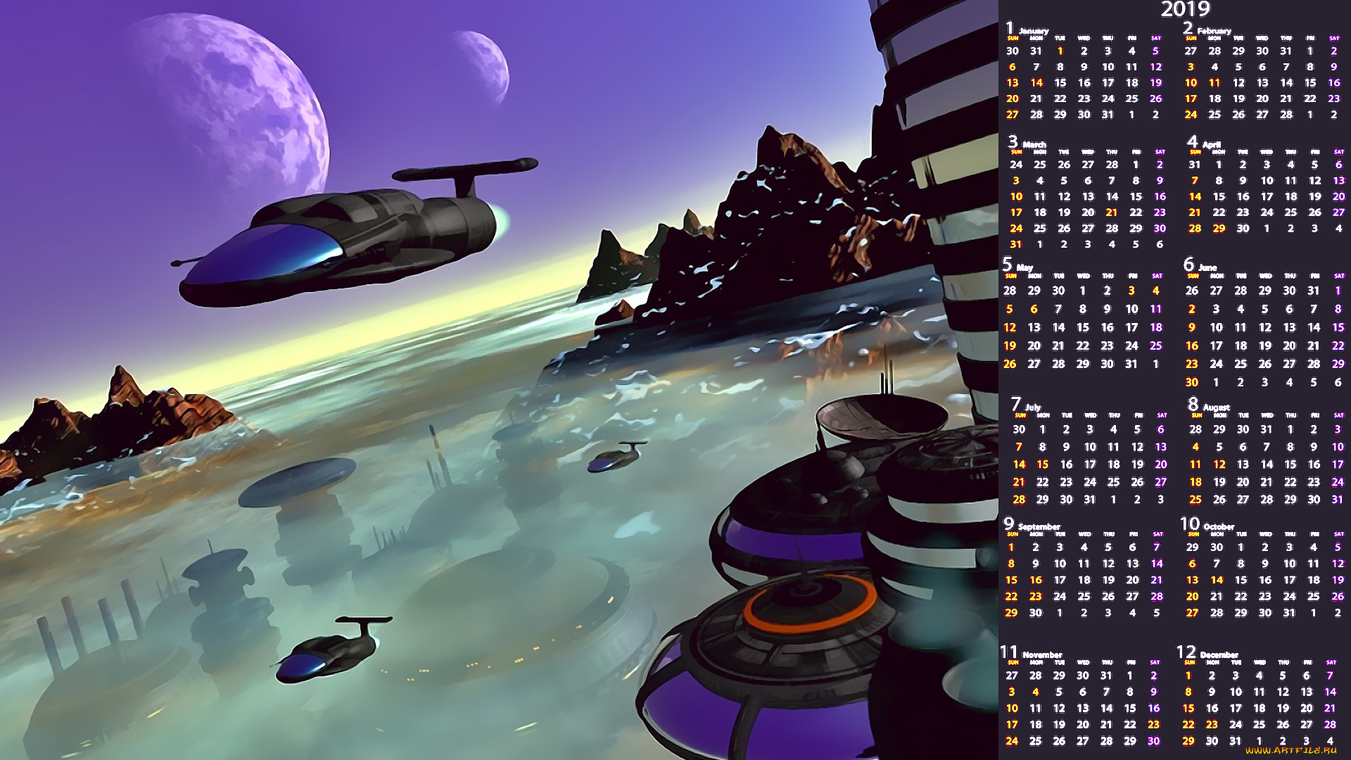 календари, 3д-графика, звездолет, полет, планета, calendar, 2019