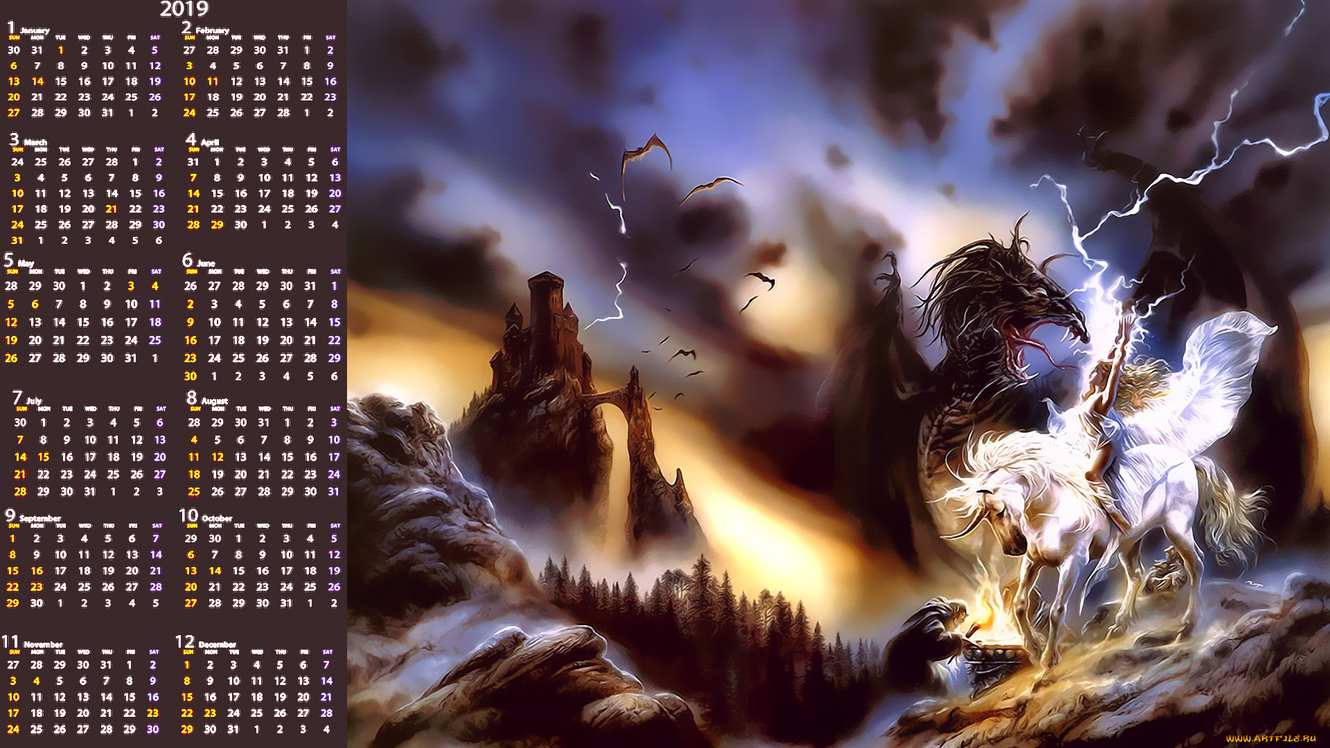 календари, фэнтези, лошадь, конь, гора, девушка, calendar, 2019