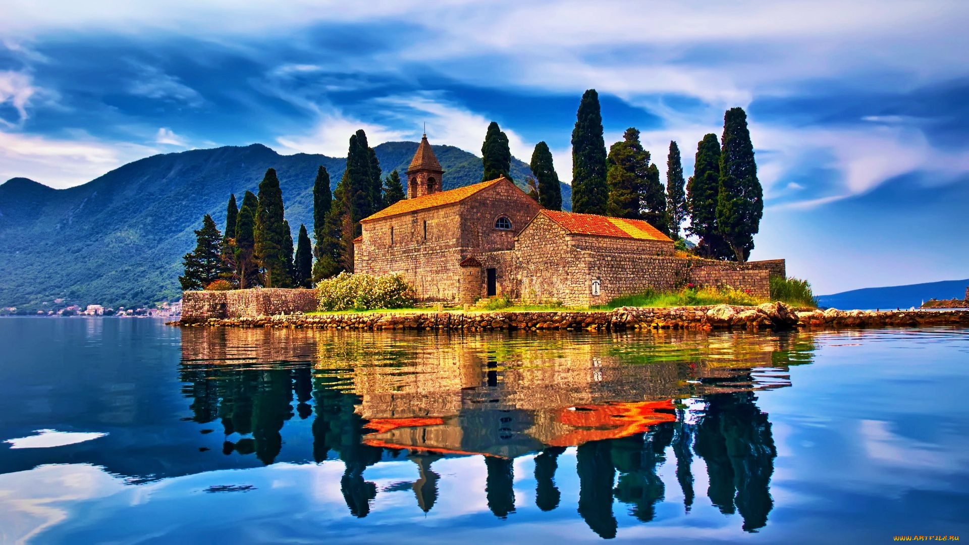 города, -, здания, , дома, горы, озеро, островок