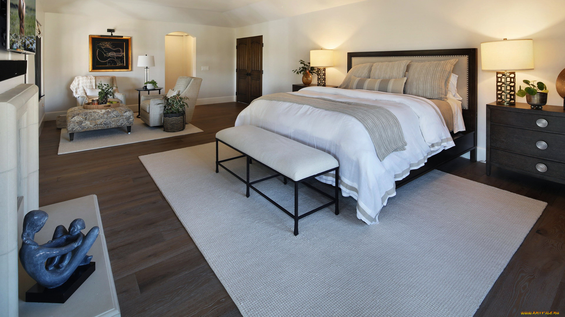 интерьер, спальня, кровать, мягкий, уголок, комод