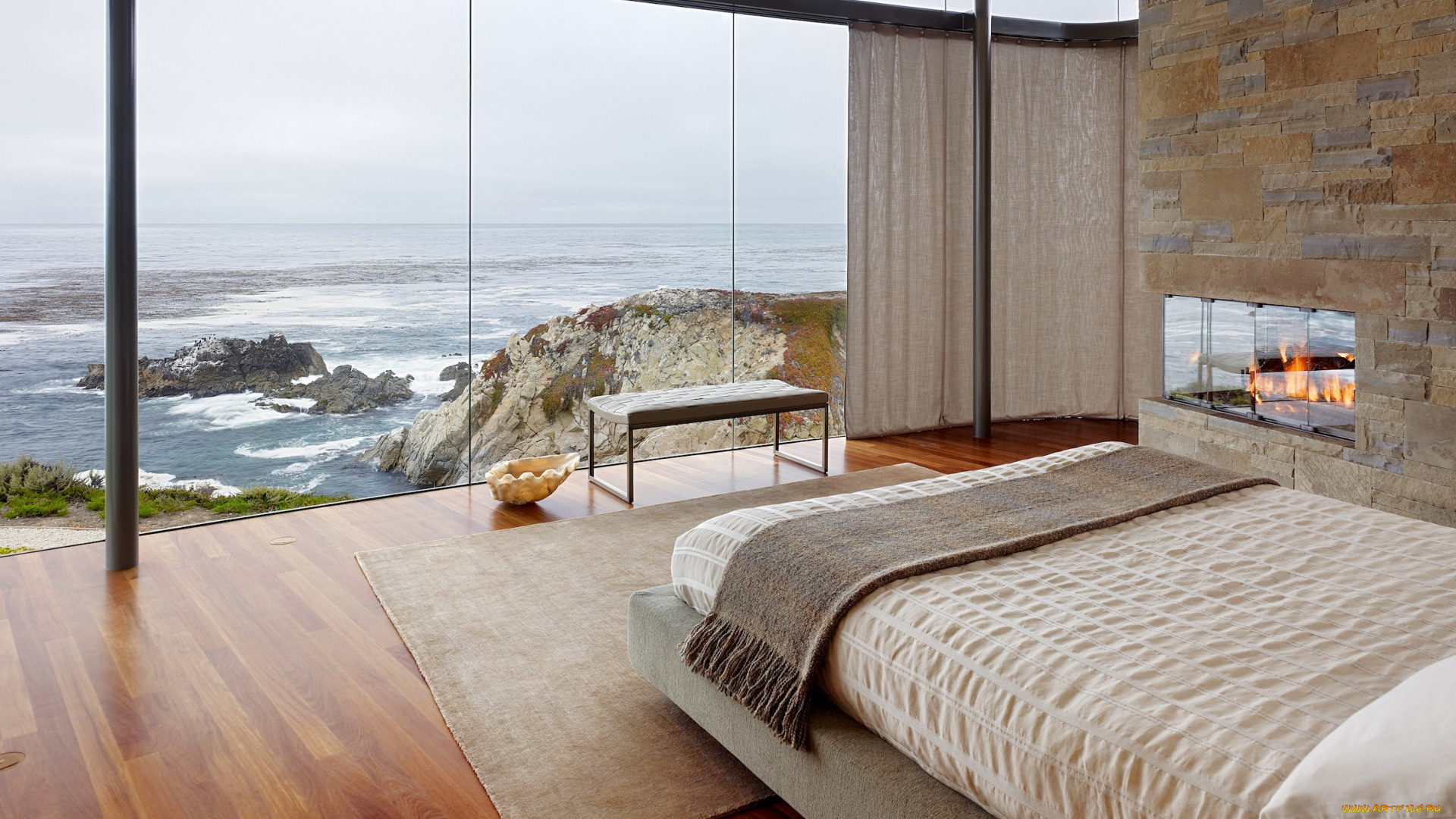 интерьер, спальня, море, скалы, лаконичный, камин