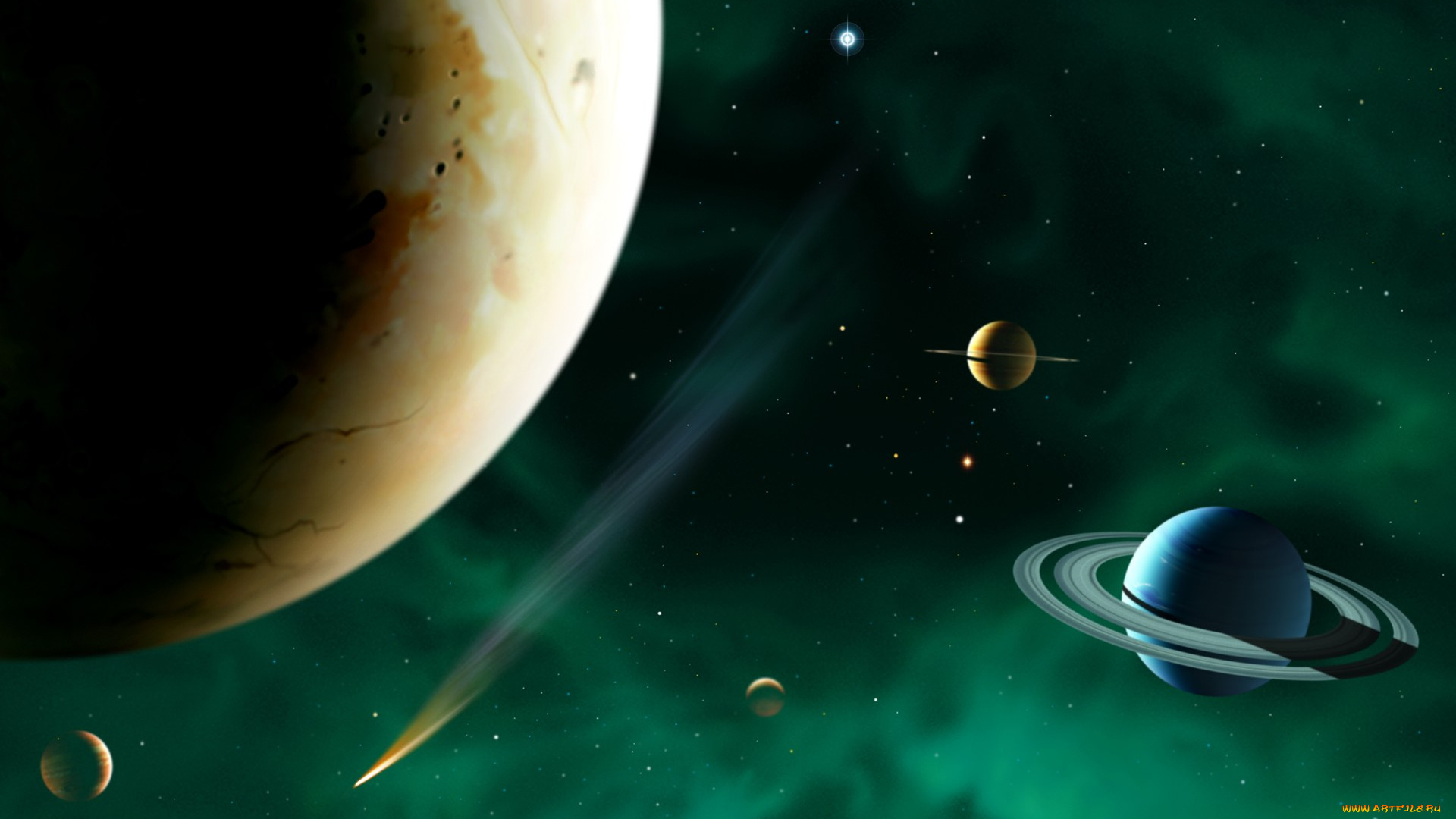 космос, арт, планеты, комета