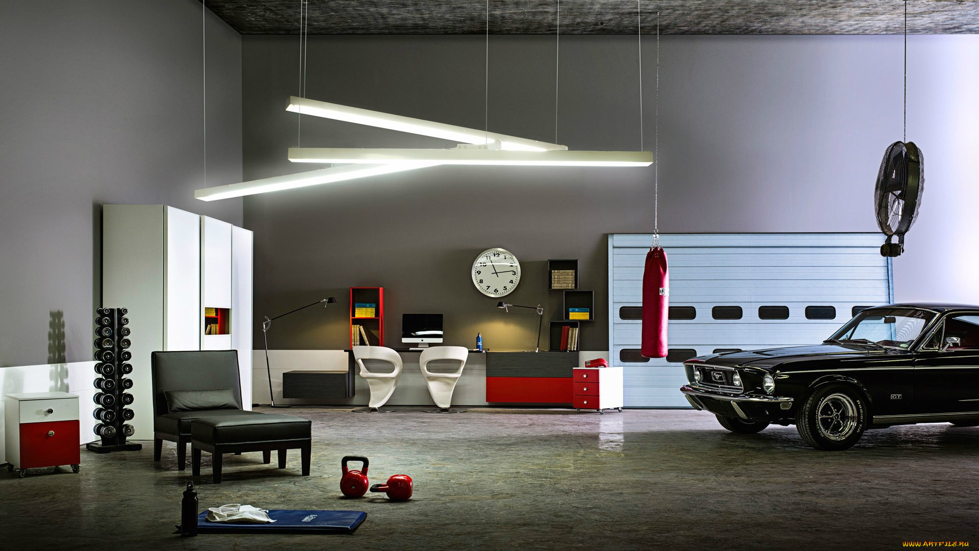 автомобили, фрагменты, автомобиля, мустанг, черный, гараж